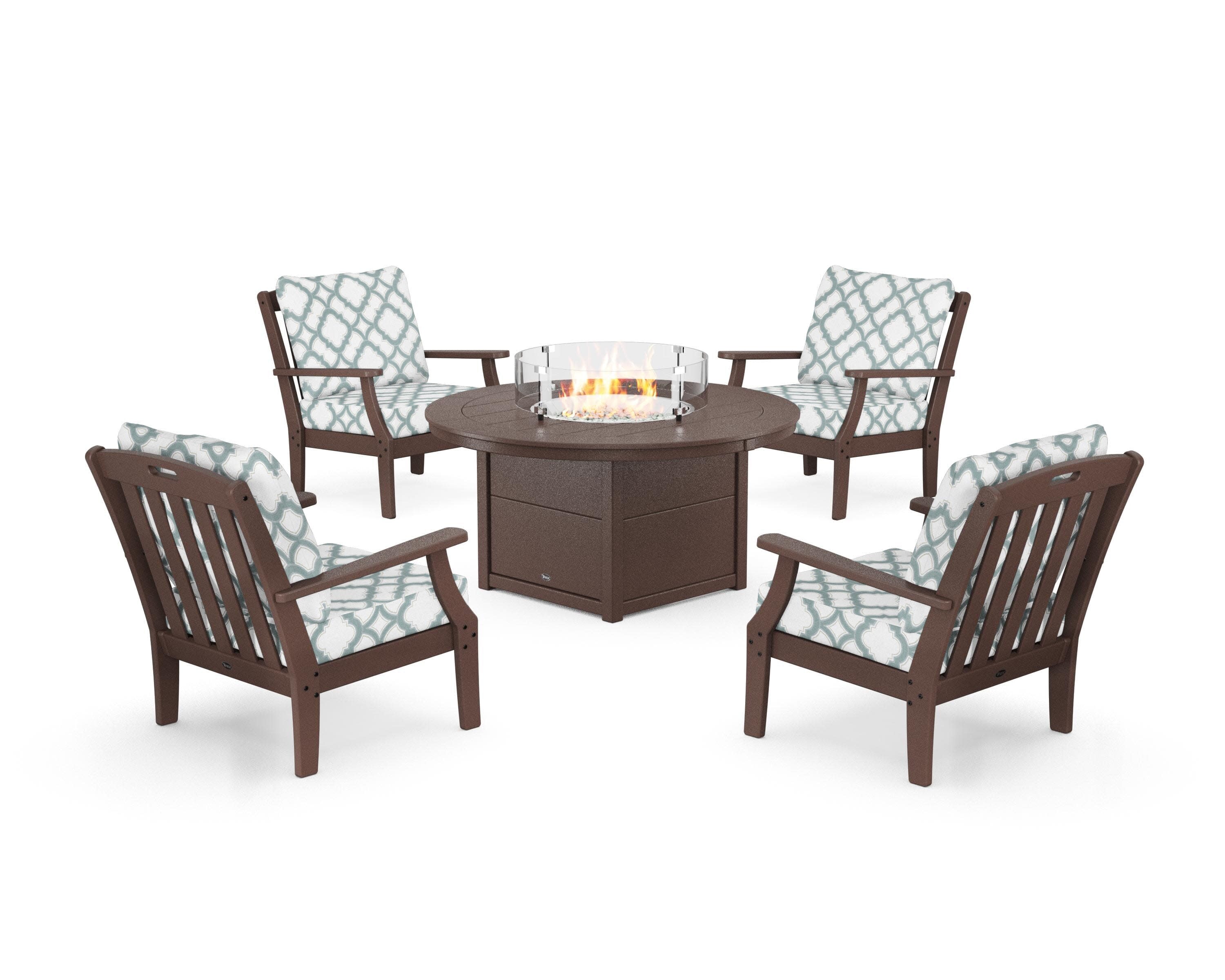 Yacht Club 5-Piece Deep Seating Set with Round Fire Pit Table in Vintage Lantern / Trellis Glacier Spa