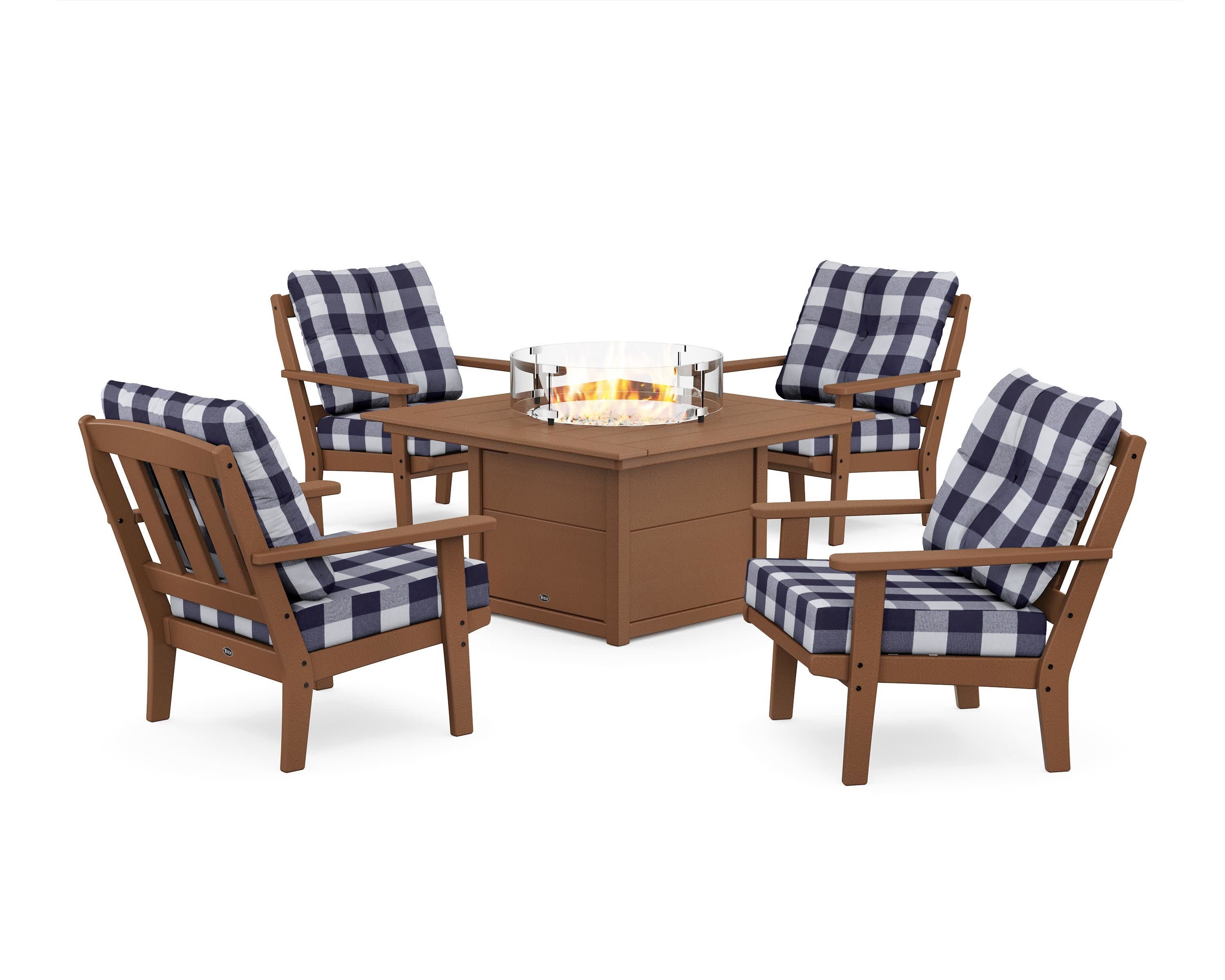 Cape Cod 5-Piece Deep Seating Set with Fire Pit Table in Tree House / Buffalo Plaid Navy