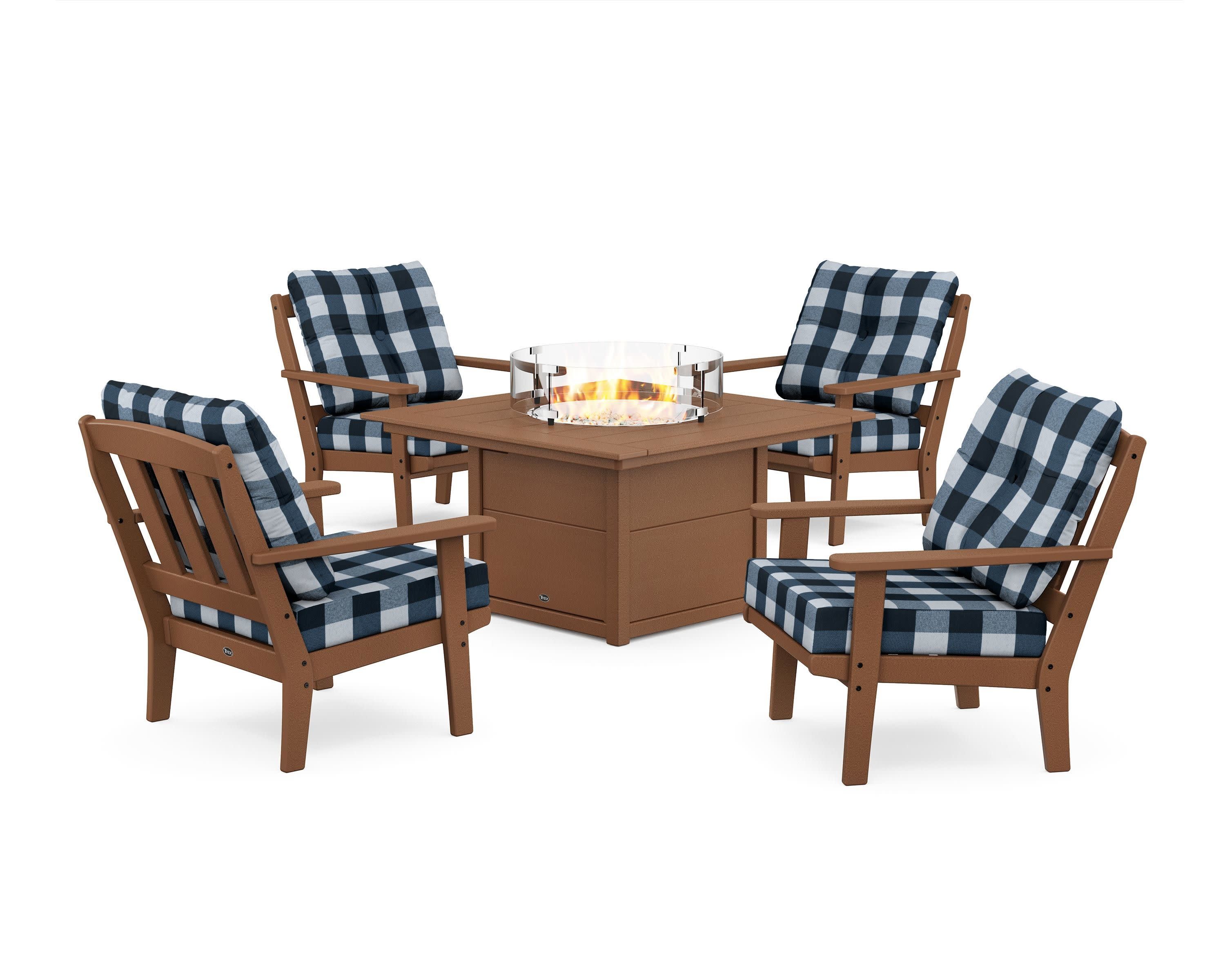 Cape Cod 5-Piece Deep Seating Set with Fire Pit Table in Tree House / Buffalo Plaid Marine Indigo