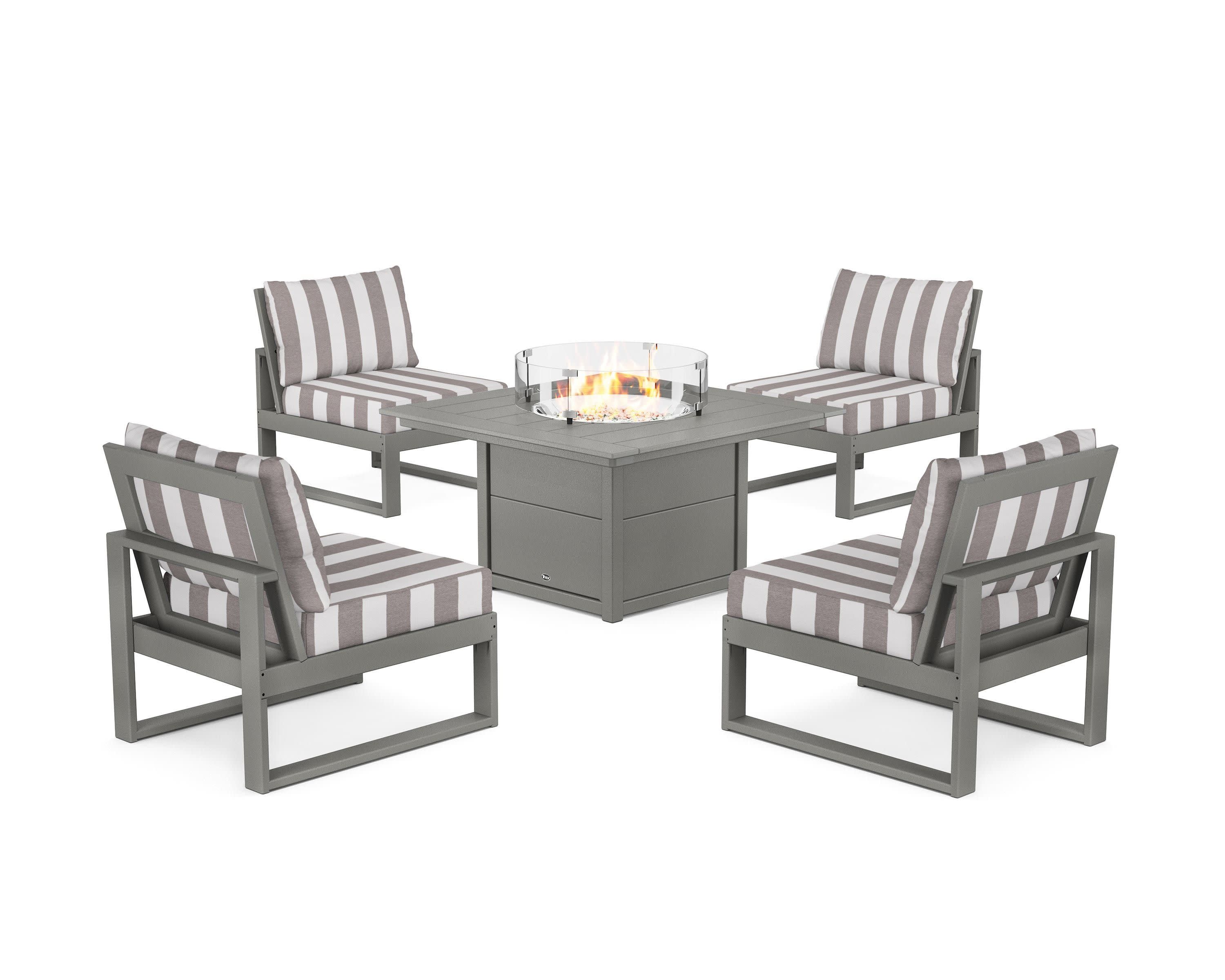 Eastport Modular 5-Piece Deep Seating Set with Square Fire Pit Table in Stepping Stone / Cabana Stripe Grey Mist