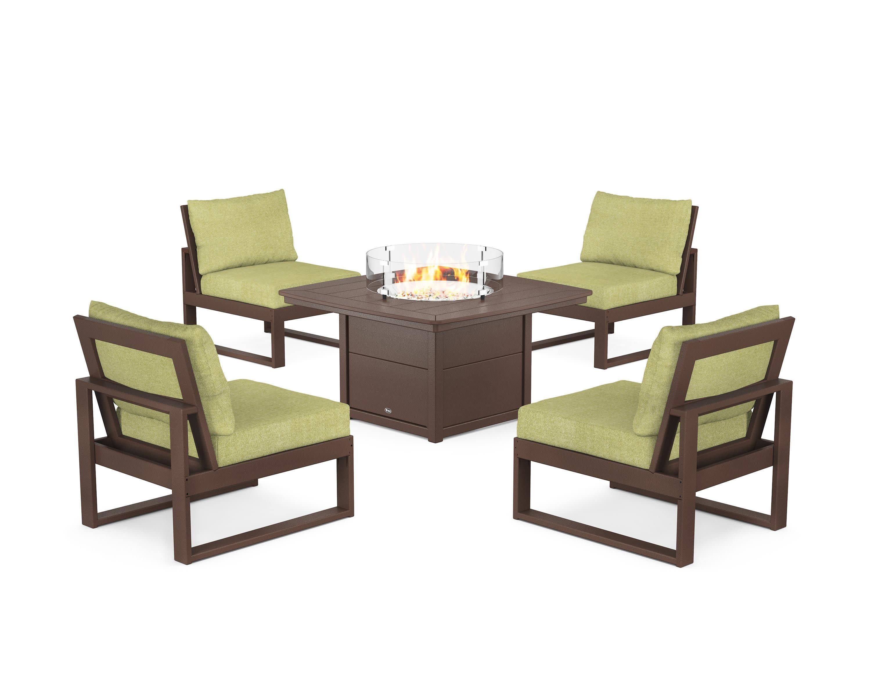 Eastport Modular 5-Piece Deep Seating Set with Yacht Club Fire Pit Table in Vintage Lantern / Chartreuse Boucle