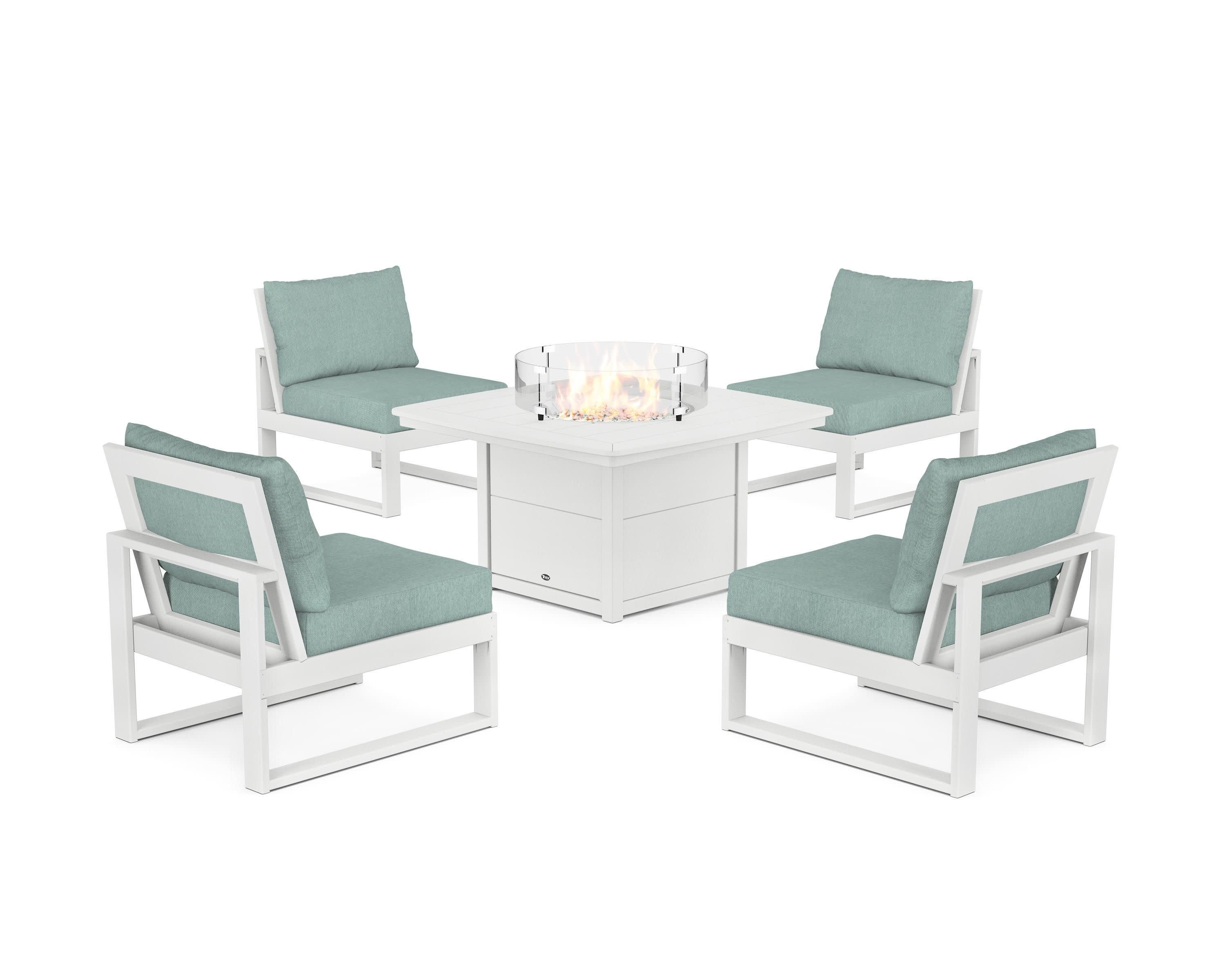 Eastport Modular 5-Piece Deep Seating Set with Yacht Club Fire Pit Table in Classic White / Glacier Spa