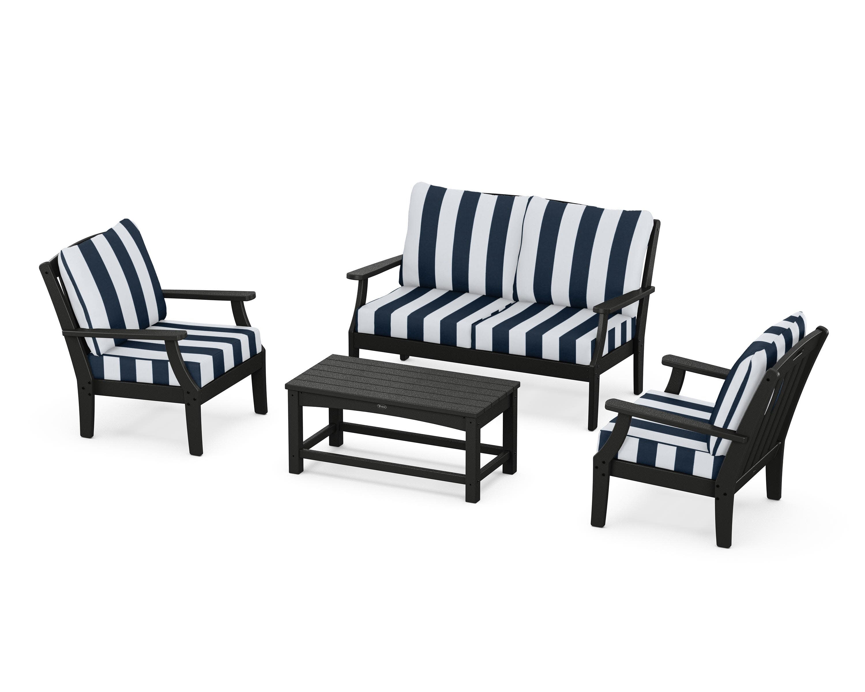 Yacht Club 4-Piece Deep Seating Chair Set in Charcoal Black / Cabana Stripe Marine Indigo
