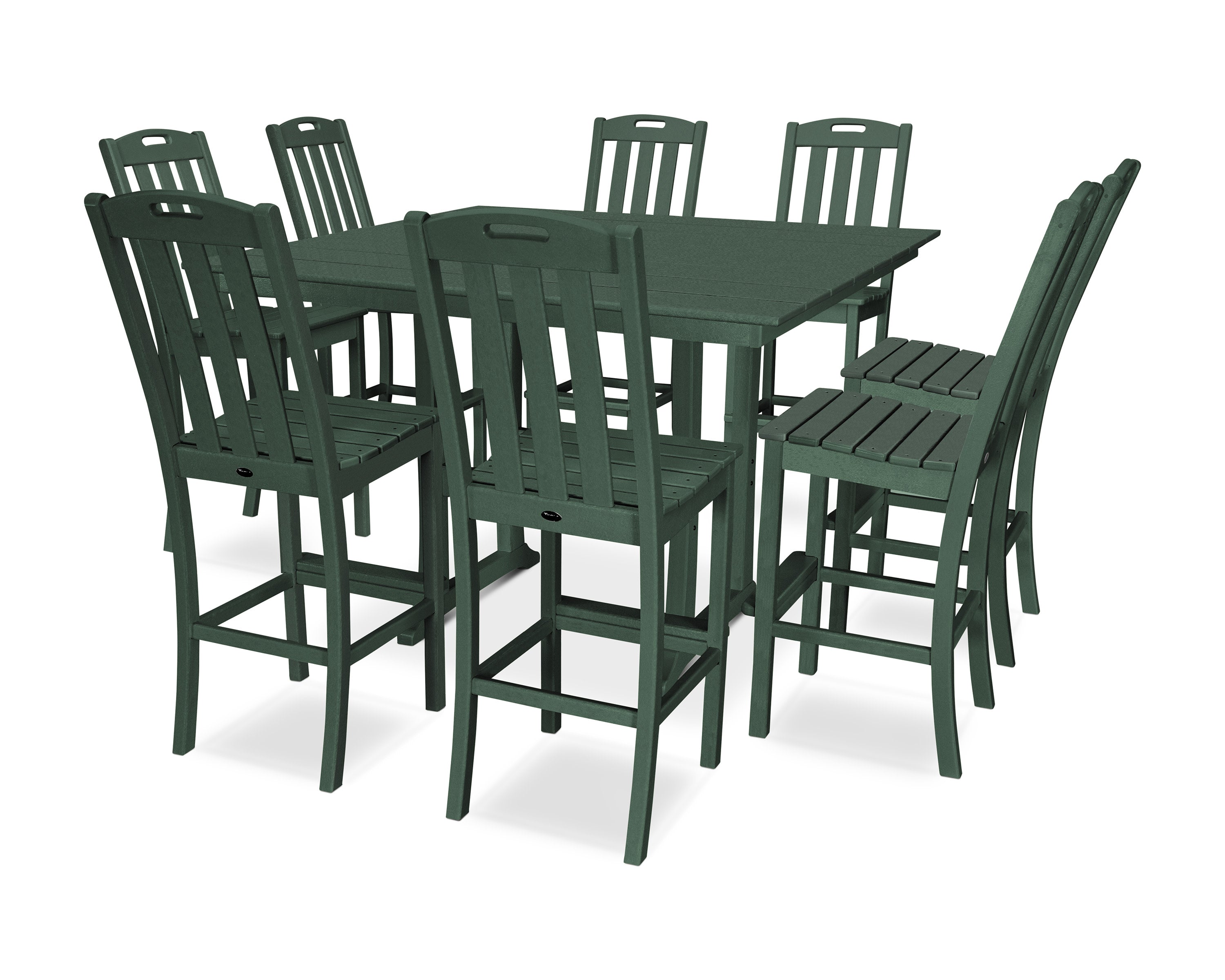 Yacht Club 9-Piece Farmhouse Trestle Side Chair Bar Set in Rainforest Canopy