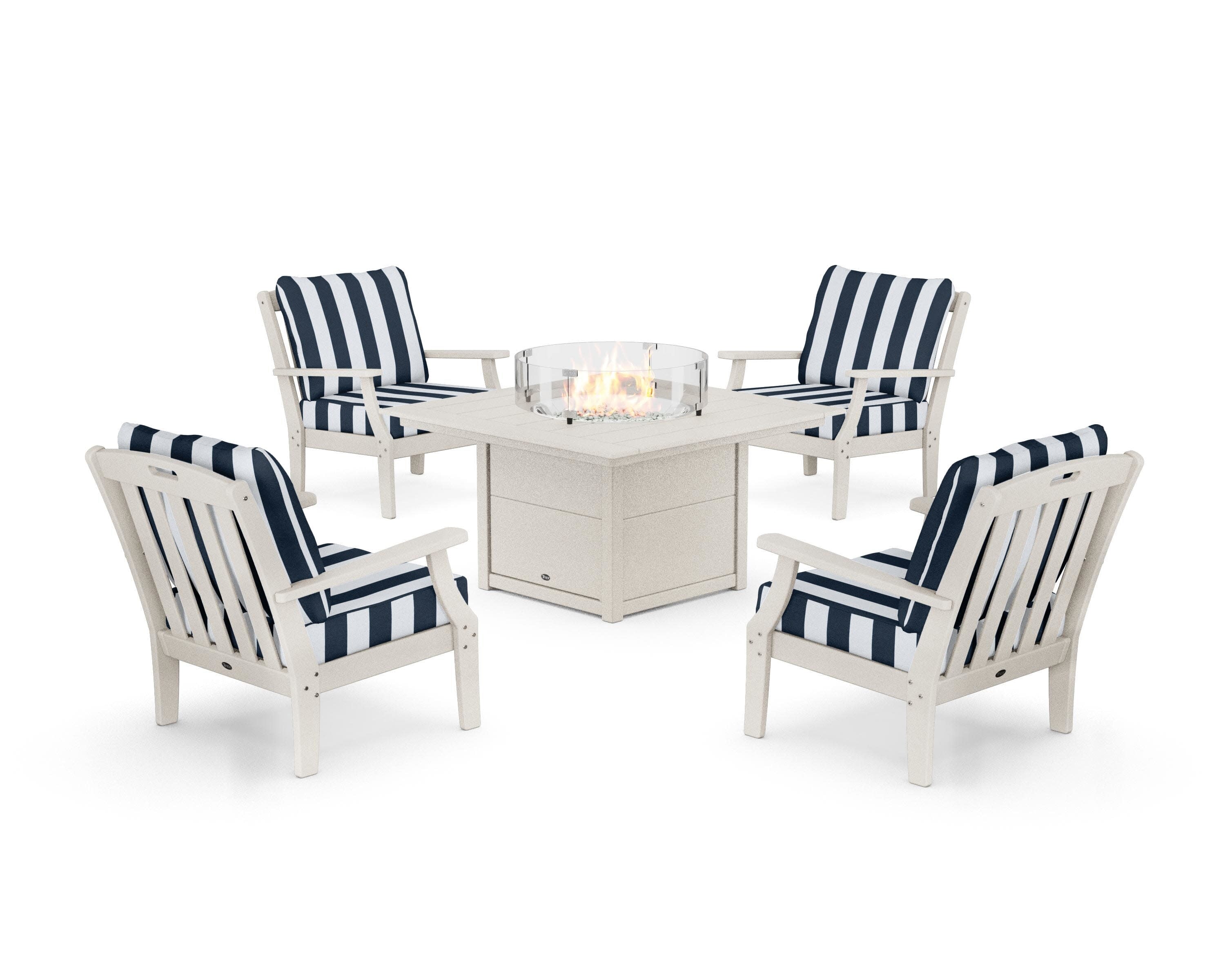 Yacht Club 5-Piece Deep Seating Set with Square Fire Pit Table in Sand Castle / Cabana Stripe Marine Indigo