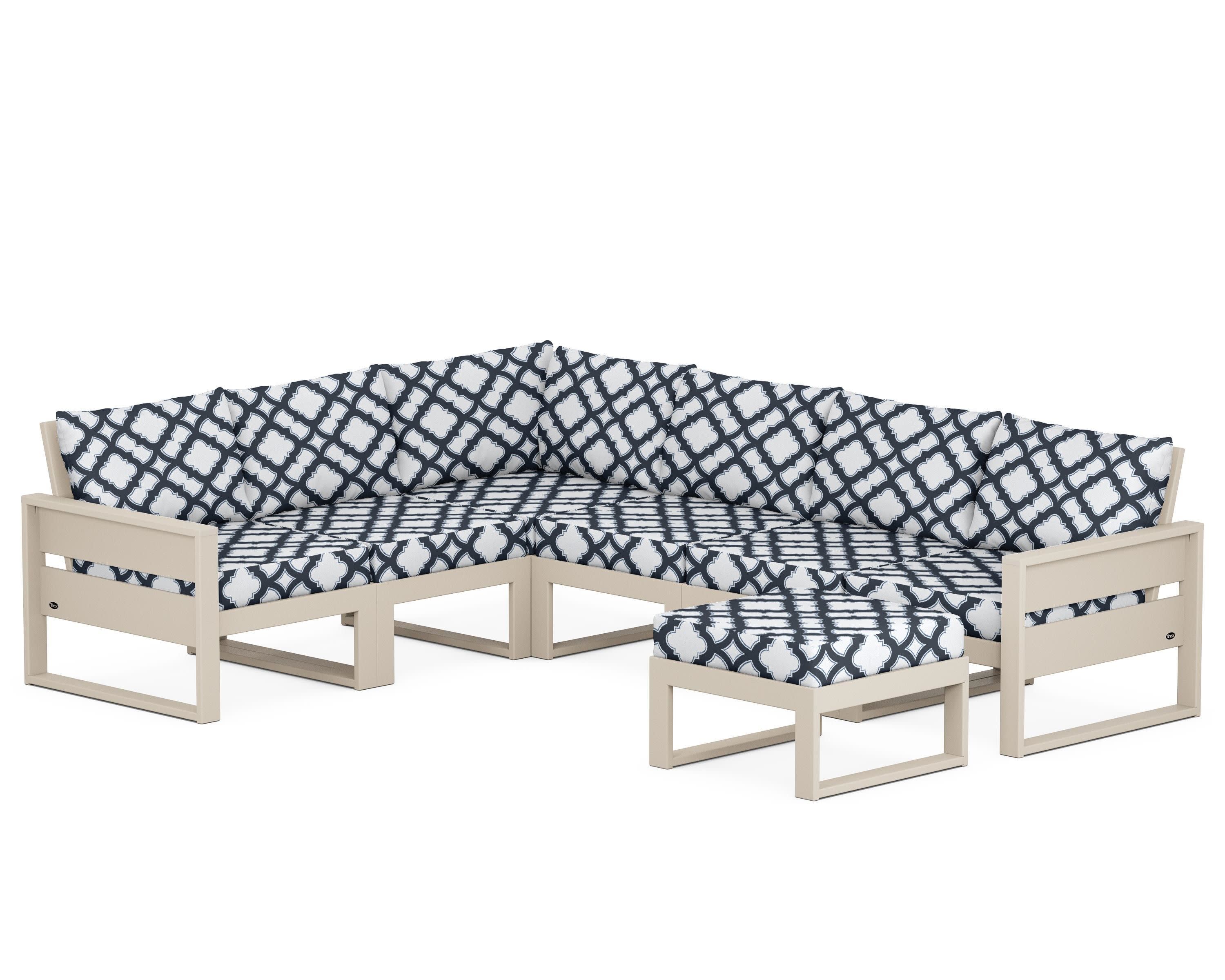 Eastport 6-Piece Sectional with Ottoman in Sand Castle / Trellis Marine Indigo