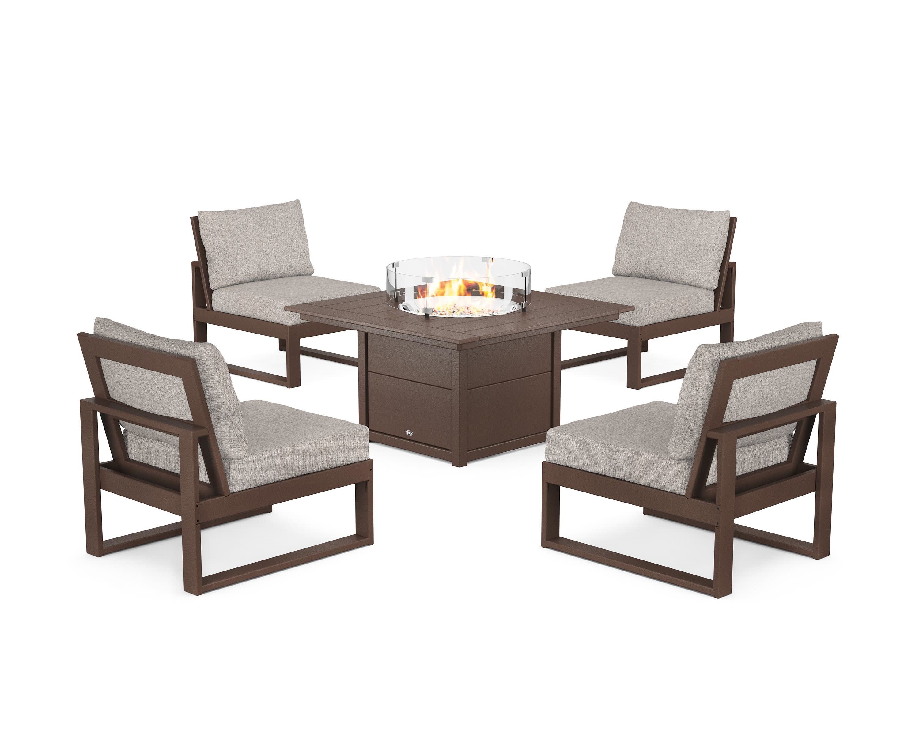 Eastport Modular 5-Piece Deep Seating Set with Square Fire Pit Table in Vintage Lantern / Weathered Tweed