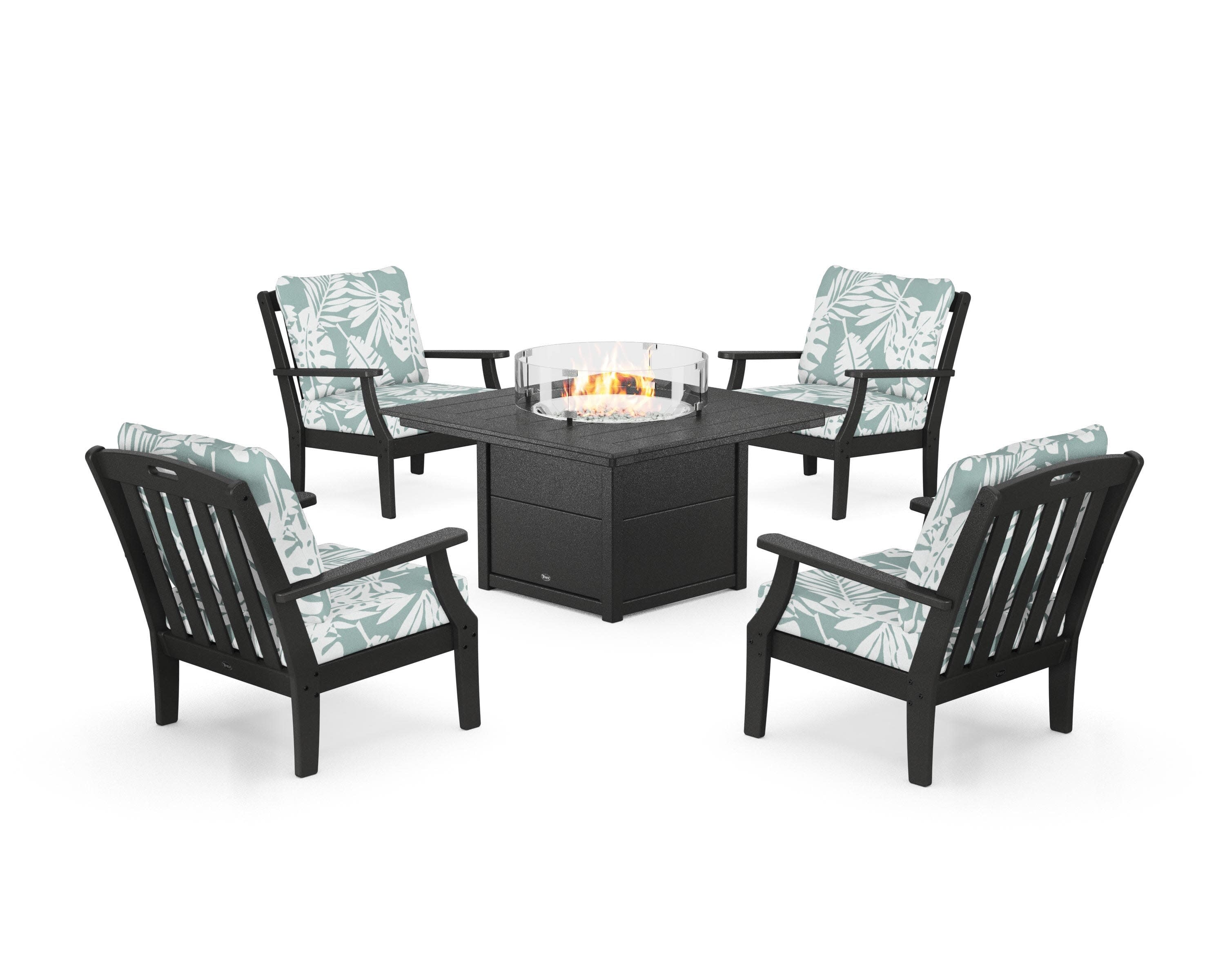 Yacht Club 5-Piece Deep Seating Set with Square Fire Pit Table in Charcoal Black / Leaf Glacier Spa