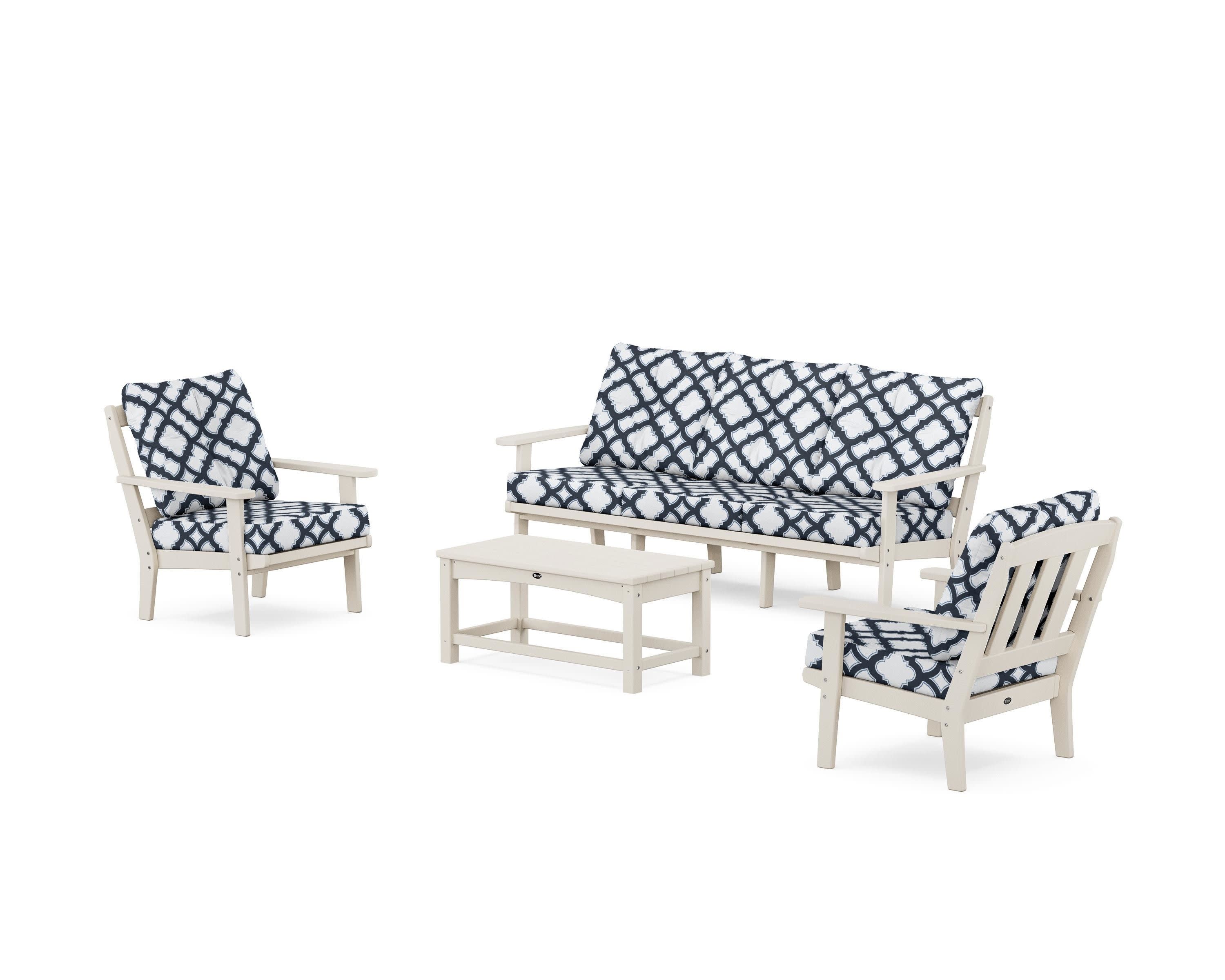 Cape Cod 4-Piece Deep Seating Set with Sofa in Sand Castle / Trellis Marine Indigo
