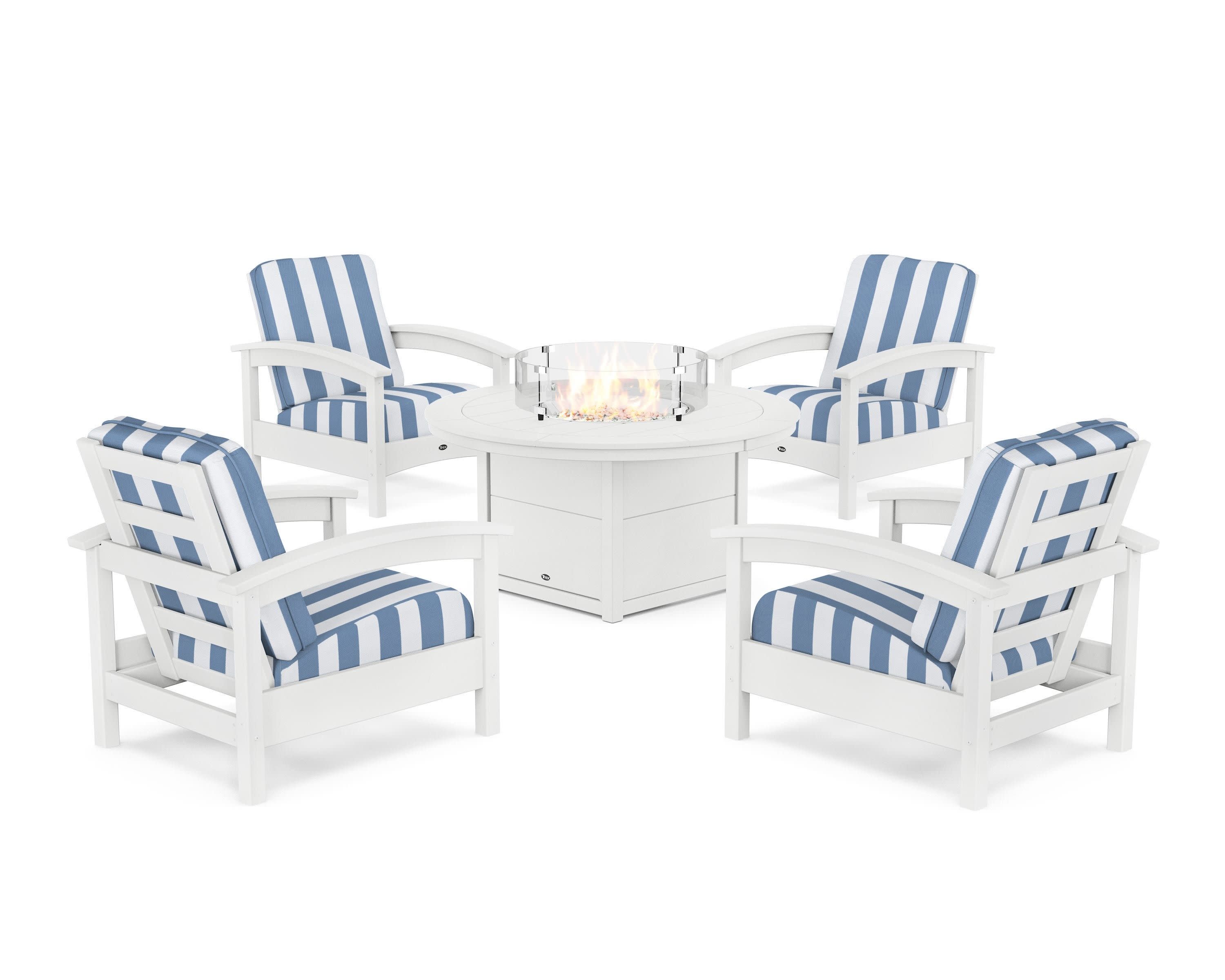 Rockport 5-Piece Deep Seating Set with Round Fire Pit Table in Classic White / Cabana Stripe Sky Blue