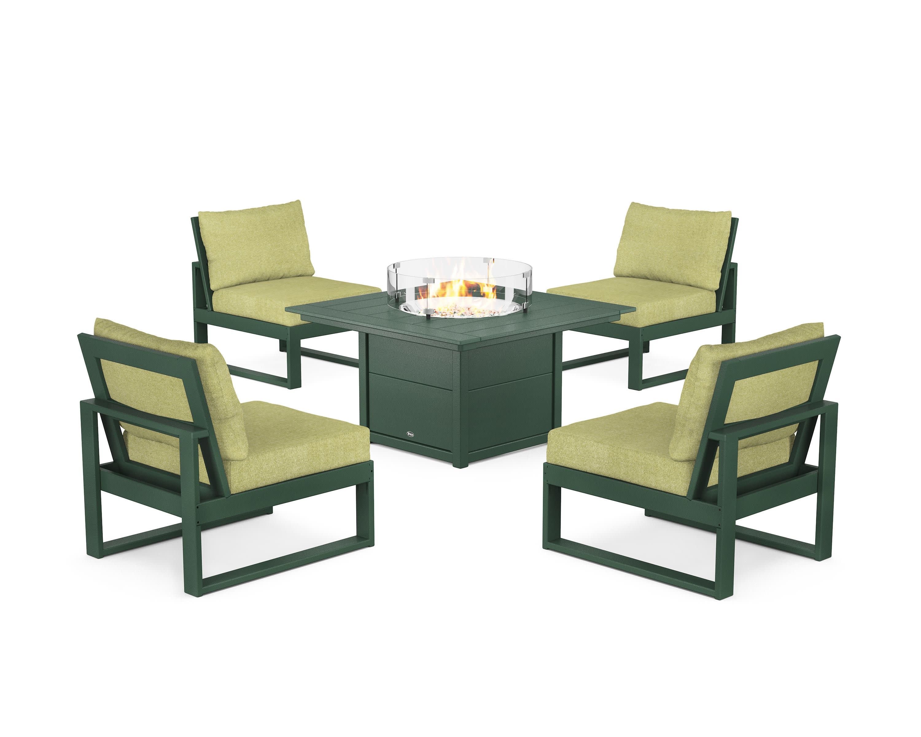 Eastport Modular 5-Piece Deep Seating Set with Square Fire Pit Table in Rainforest Canopy / Chartreuse Boucle