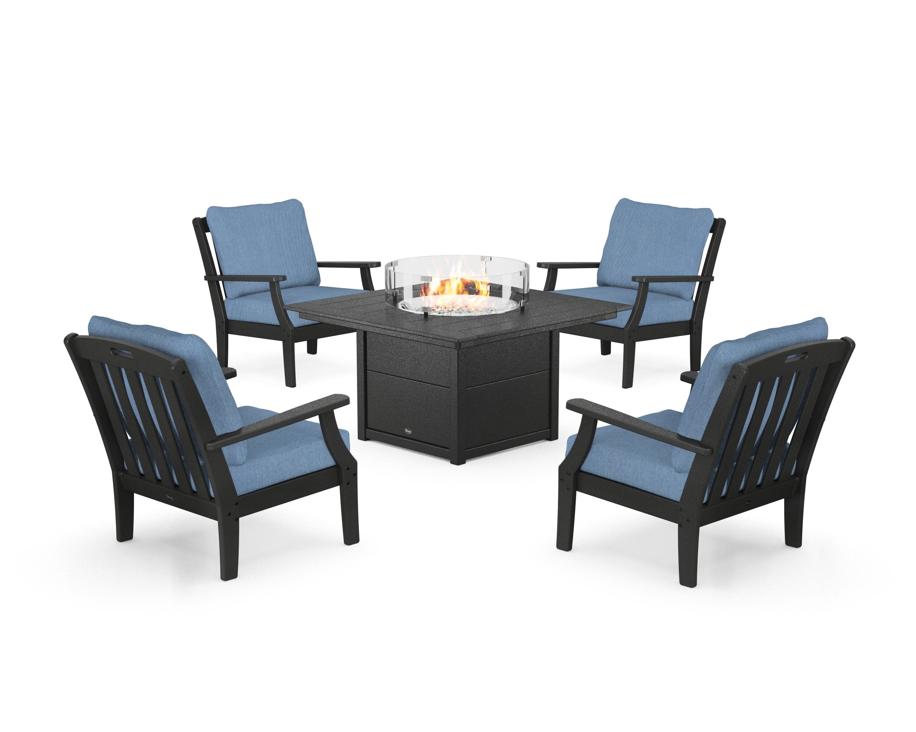 Yacht Club 5-Piece Deep Seating Set with Square Fire Pit Table in Charcoal Black / Sky Blue