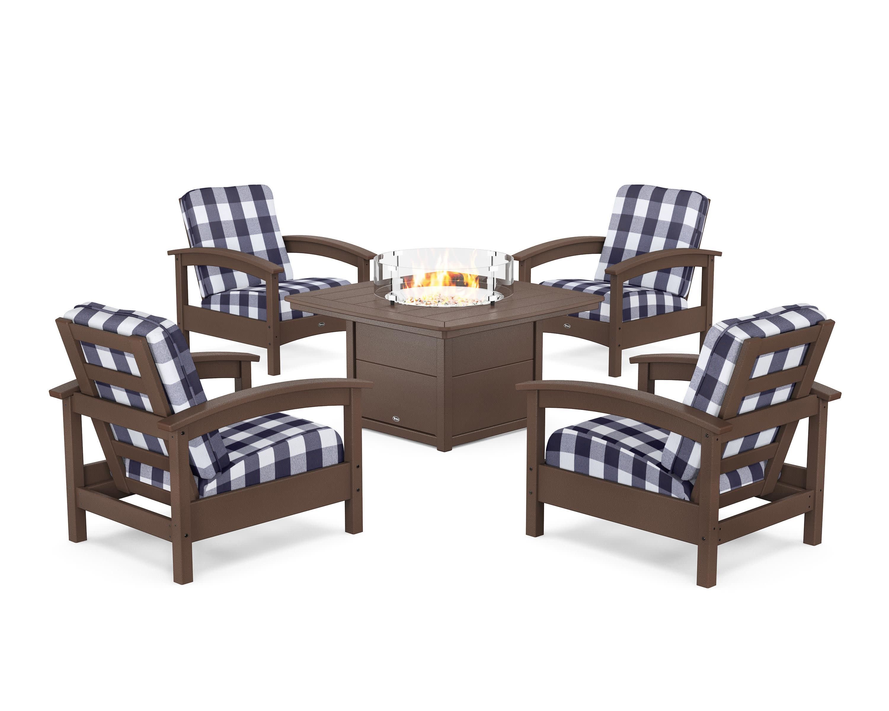 Rockport 5-Piece Deep Seating Set with Yacht Club Fire Pit Table in Vintage Lantern / Buffalo Plaid Navy
