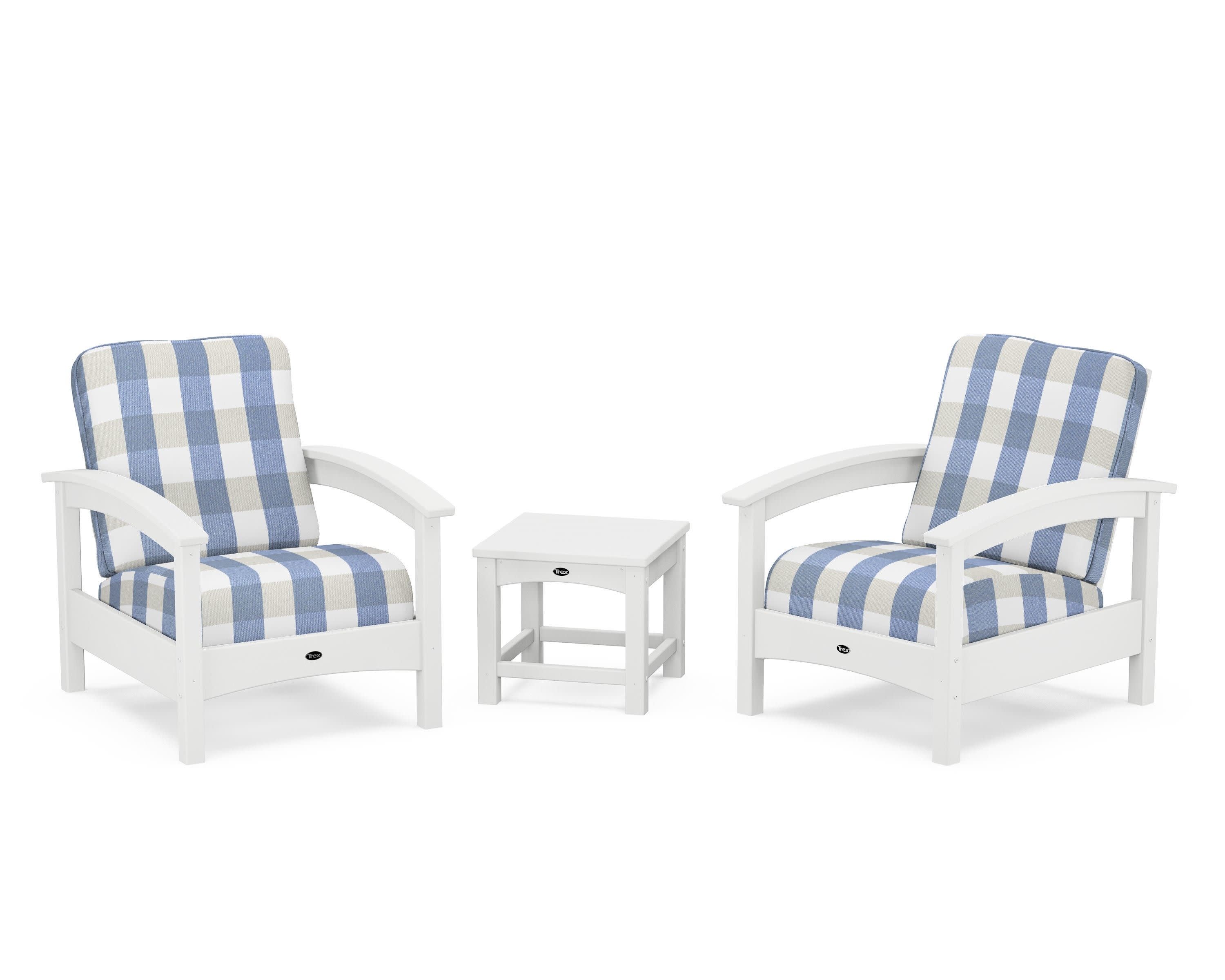 Rockport Club 3-Piece Deep Seating Conversation Set in Classic White / Buffalo Plaid Sky Blue