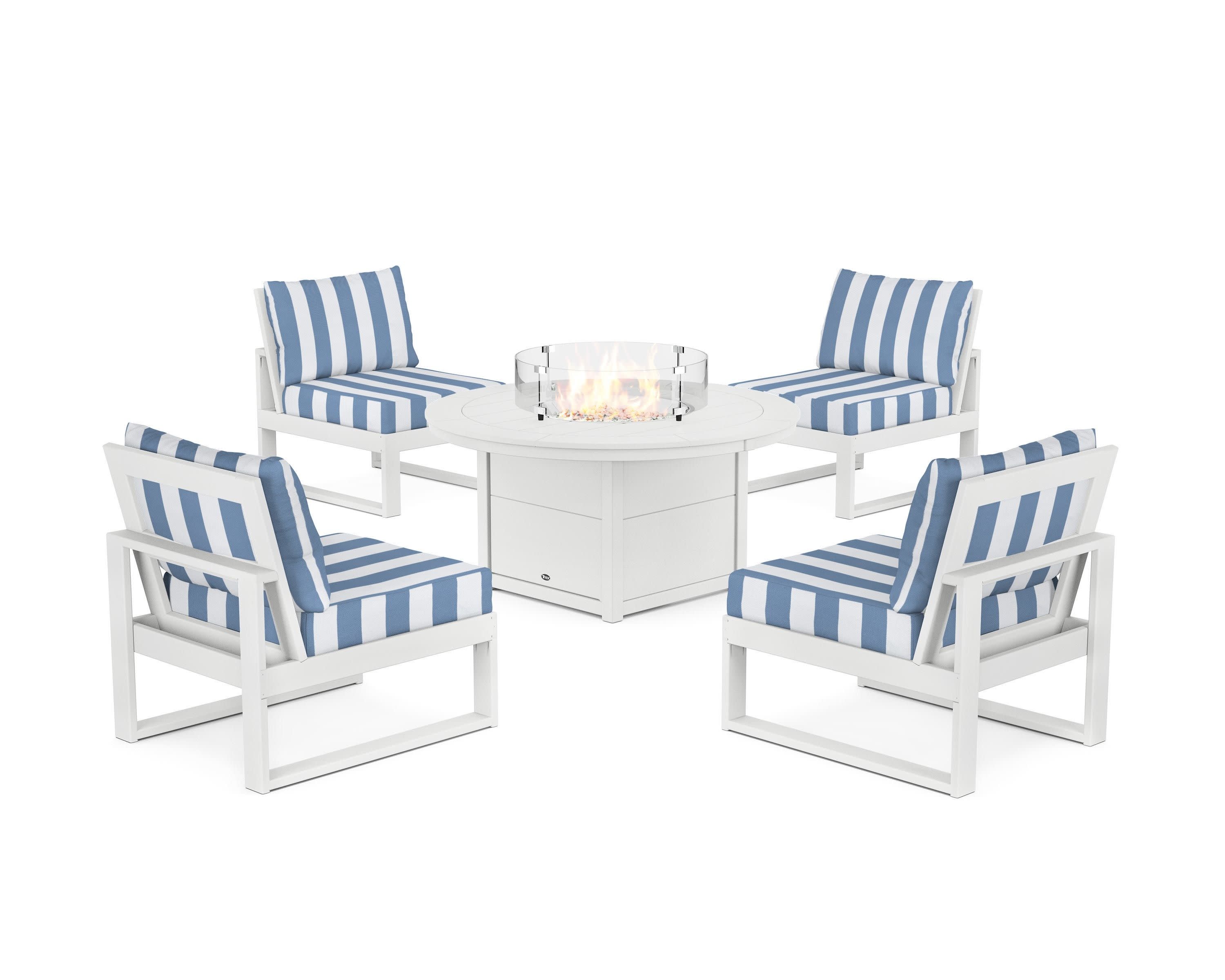 Eastport Modular 5-Piece Deep Seating Set with Round Fire Pit Table in Classic White / Cabana Stripe Sky Blue