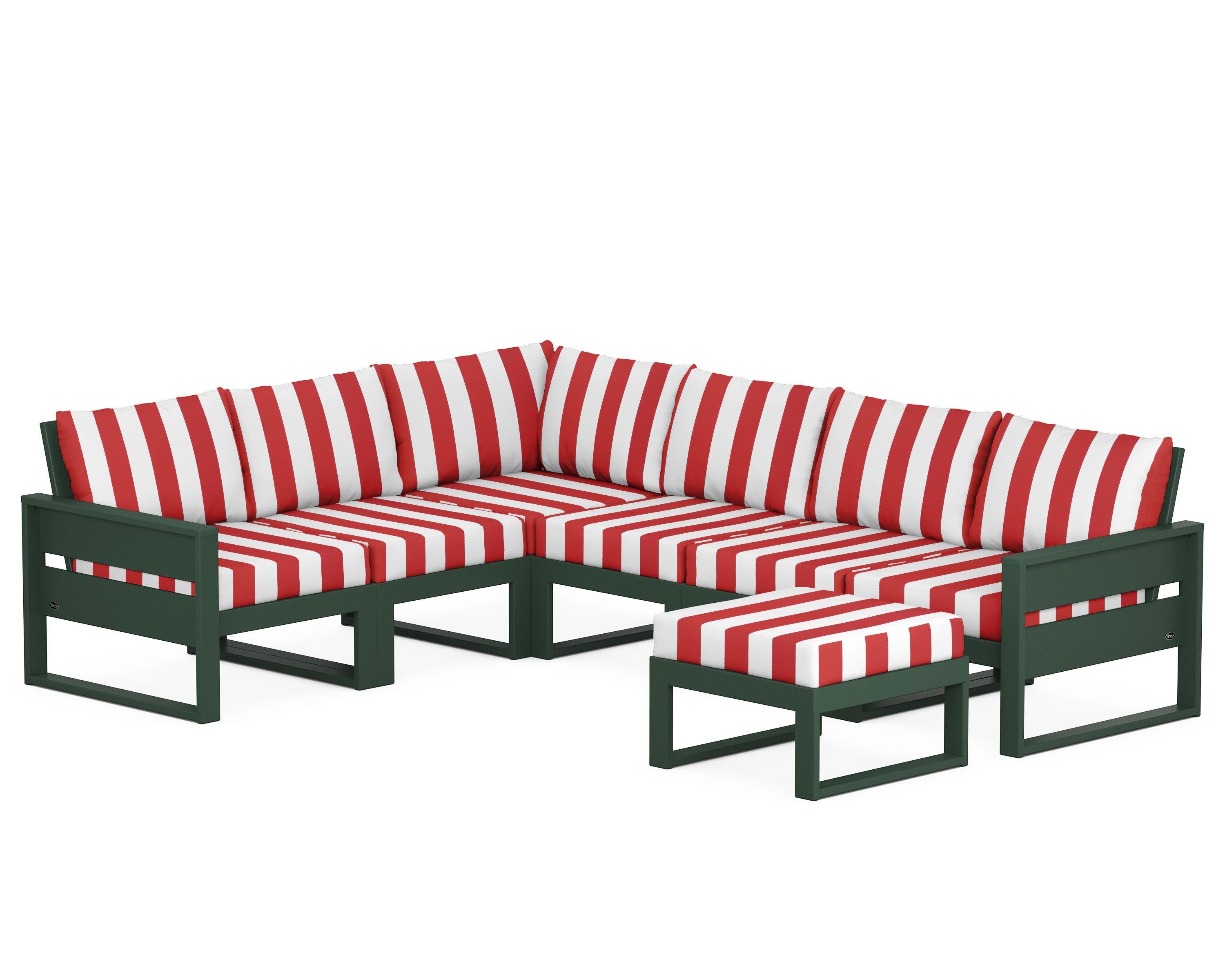 Eastport 6-Piece Sectional with Ottoman in Rainforest Canopy / Cabana Stripe Crimson