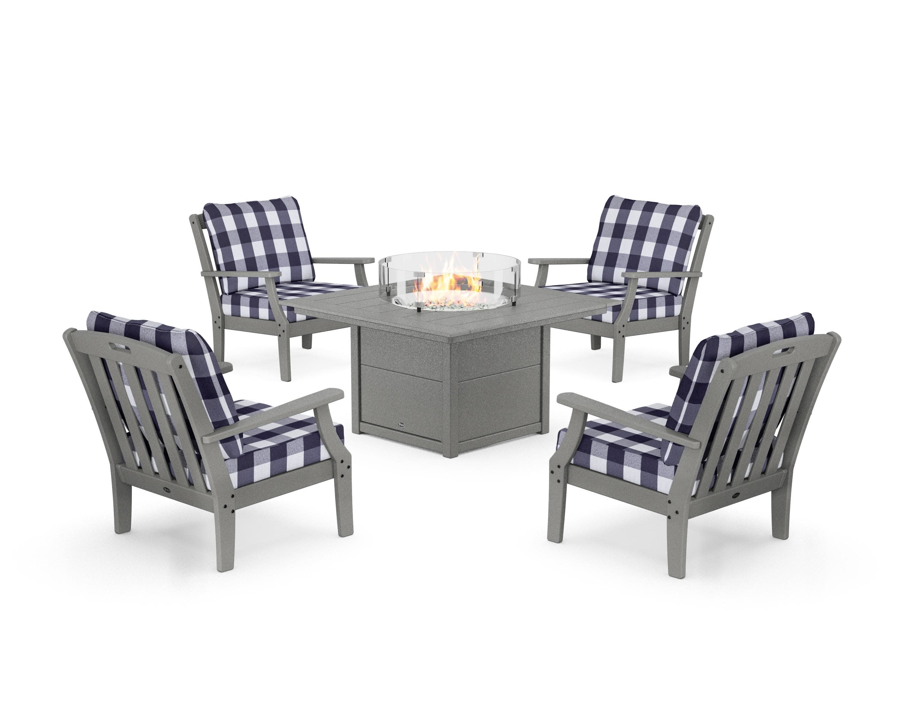 Yacht Club 5-Piece Deep Seating Set with Square Fire Pit Table in Stepping Stone / Buffalo Plaid Navy