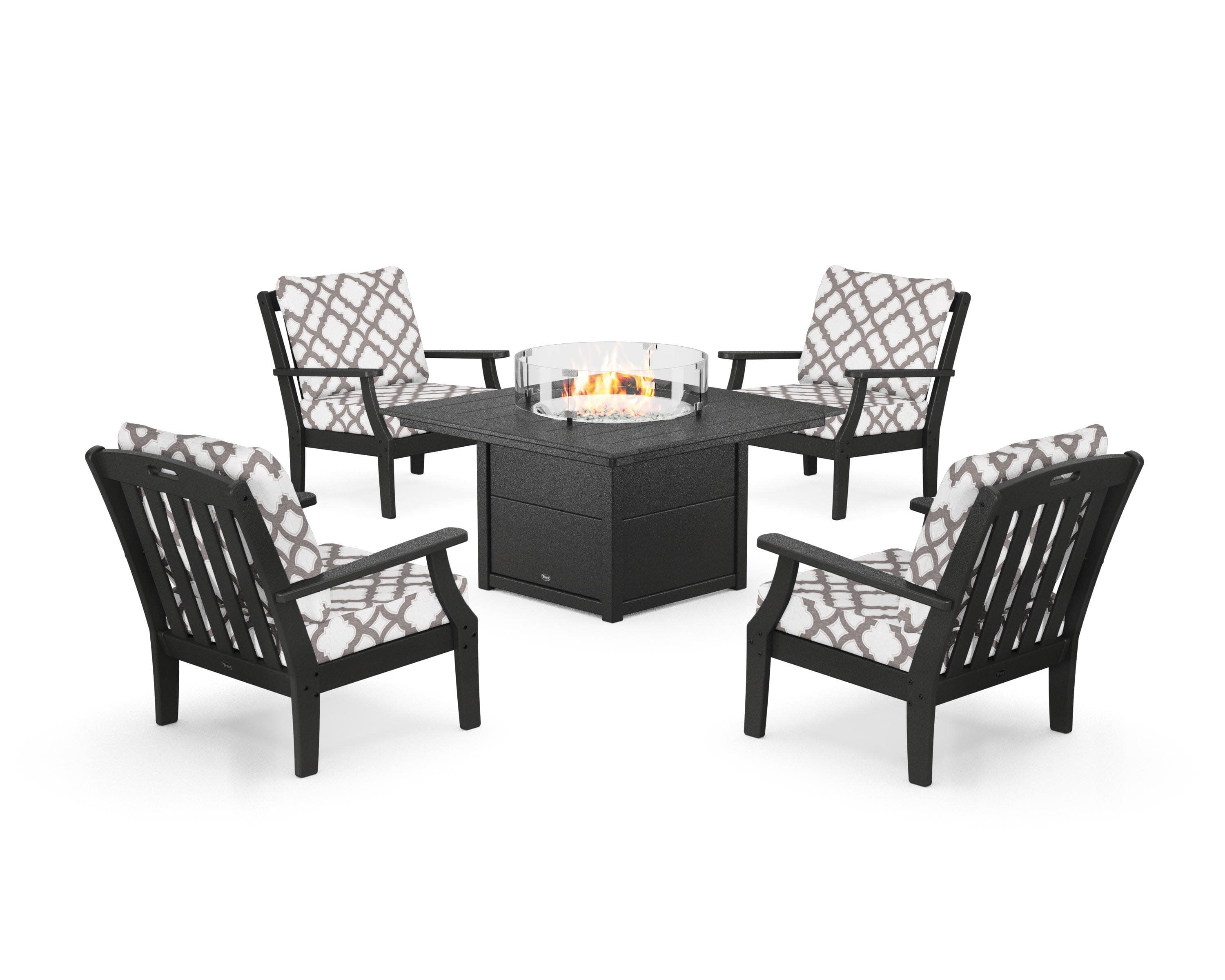 Yacht Club 5-Piece Deep Seating Set with Square Fire Pit Table in Charcoal Black / Trellis Grey Mist
