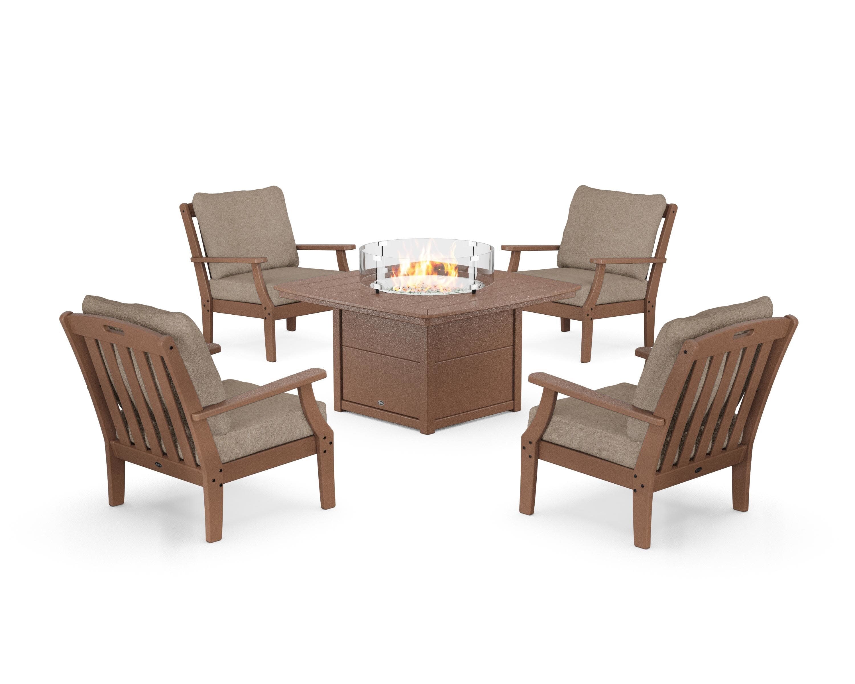 Yacht Club 5-Piece Deep Seating Set with Fire Pit Table in Tree House / Spiced Burlap