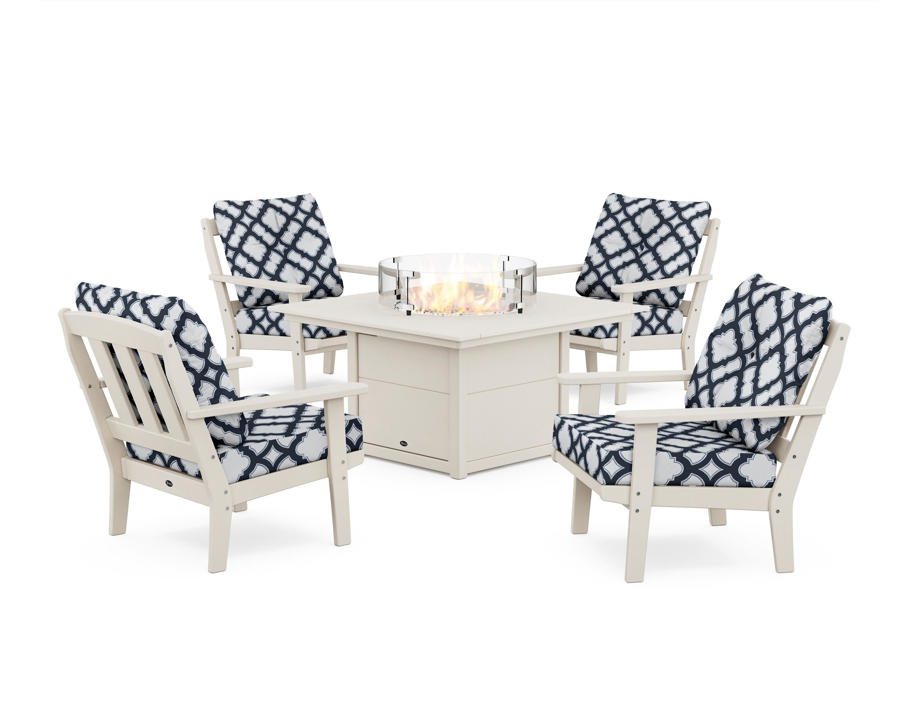Cape Cod 5-Piece Deep Seating Set with Fire Pit Table in Sand Castle / Trellis Marine Indigo