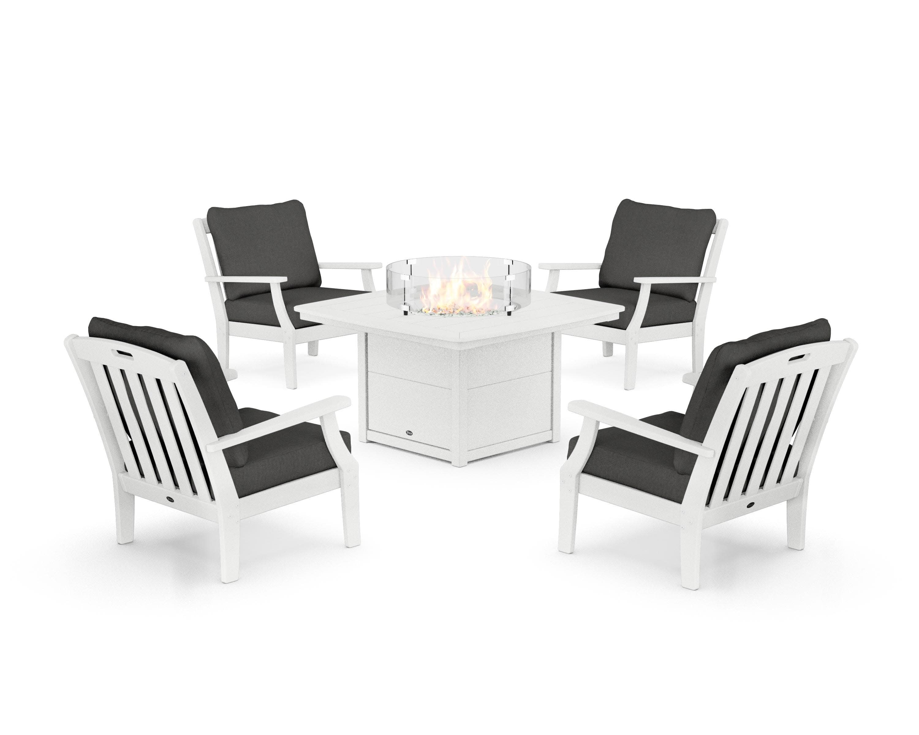 Yacht Club 5-Piece Deep Seating Set with Fire Pit Table in Classic White / Spectrum Carbon