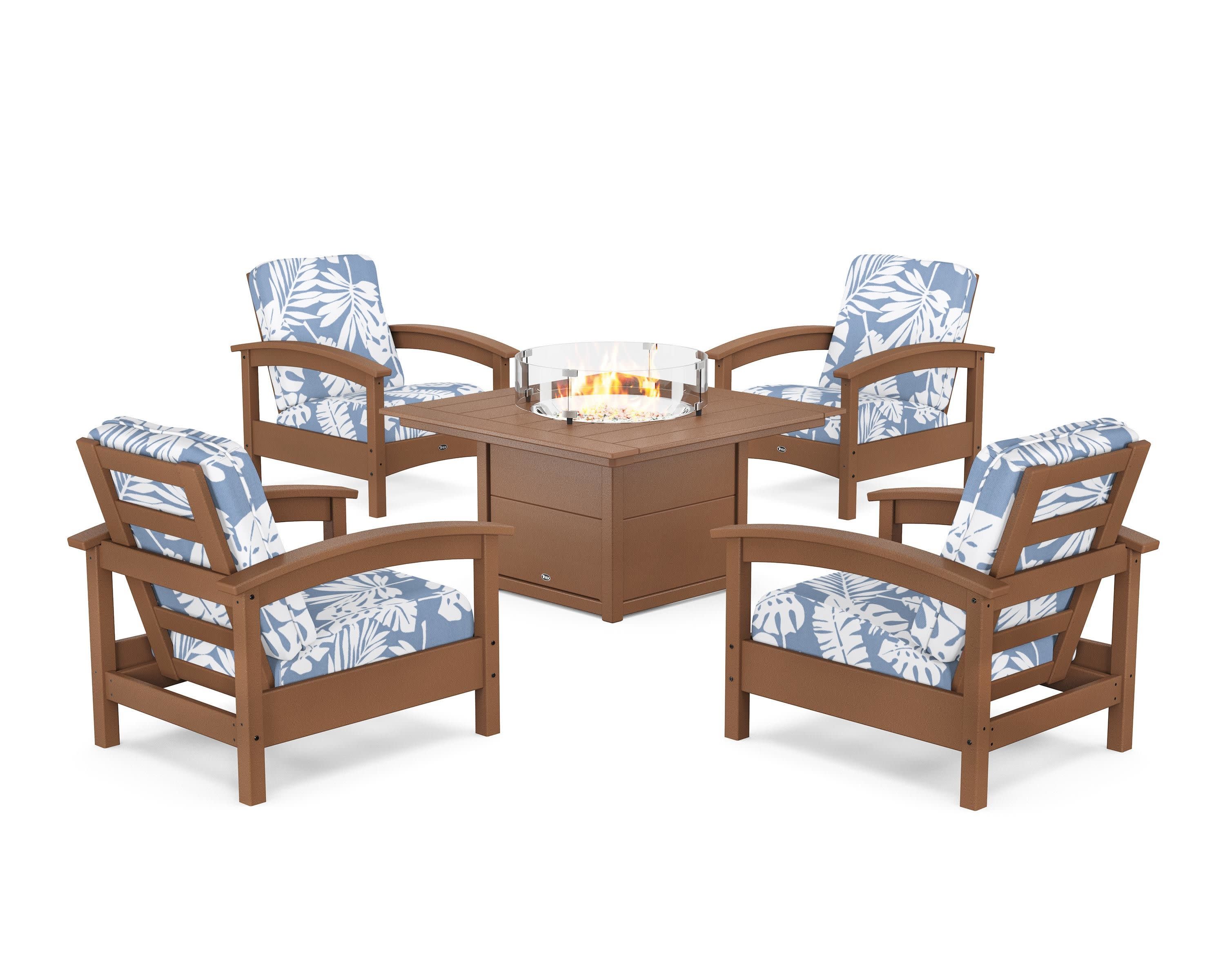 Rockport 5-Piece Deep Seating Set with Square Fire Pit Table in Tree House / Leaf Sky Blue