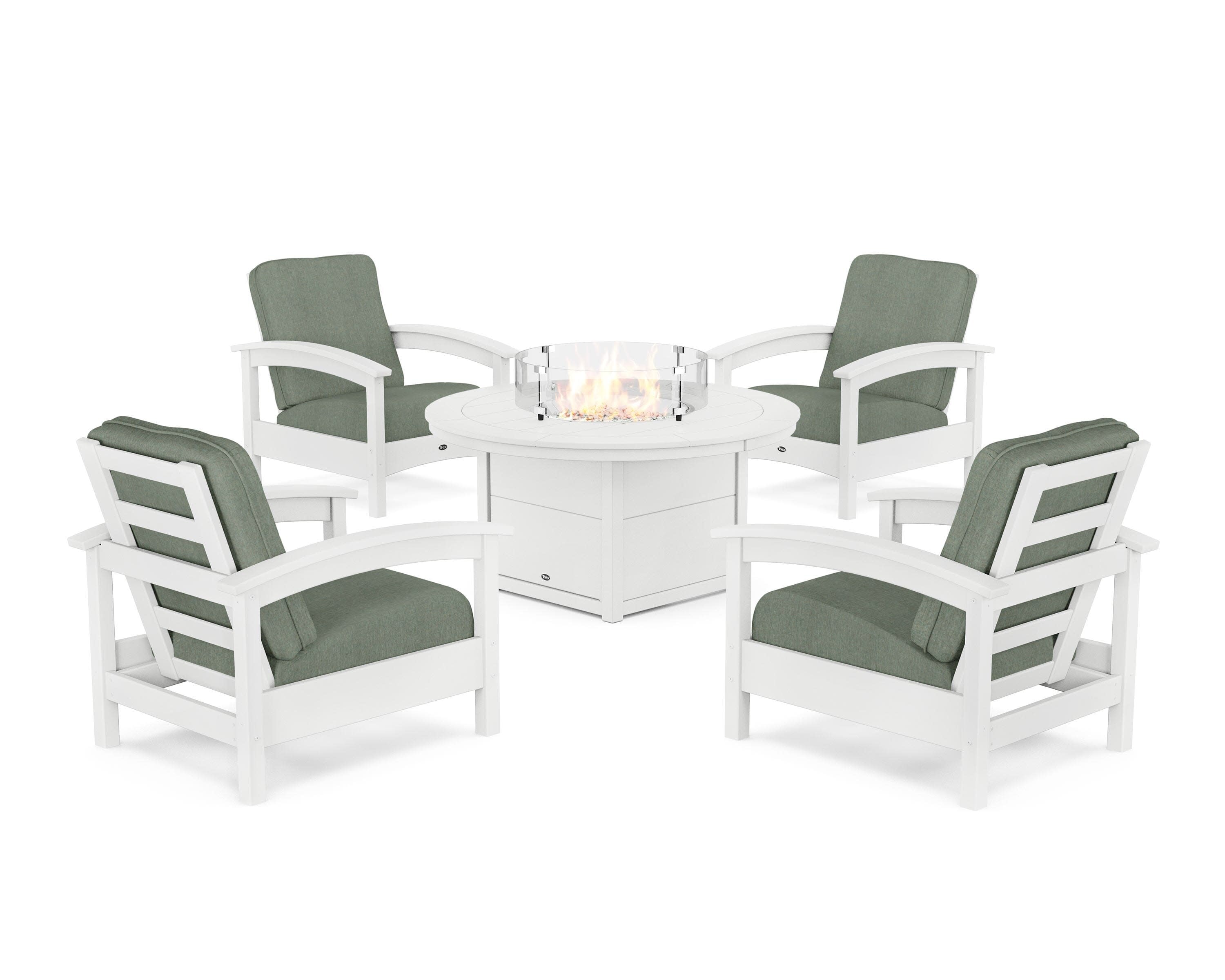 Rockport 5-Piece Deep Seating Set with Round Fire Pit Table in Classic White / Cast Sage