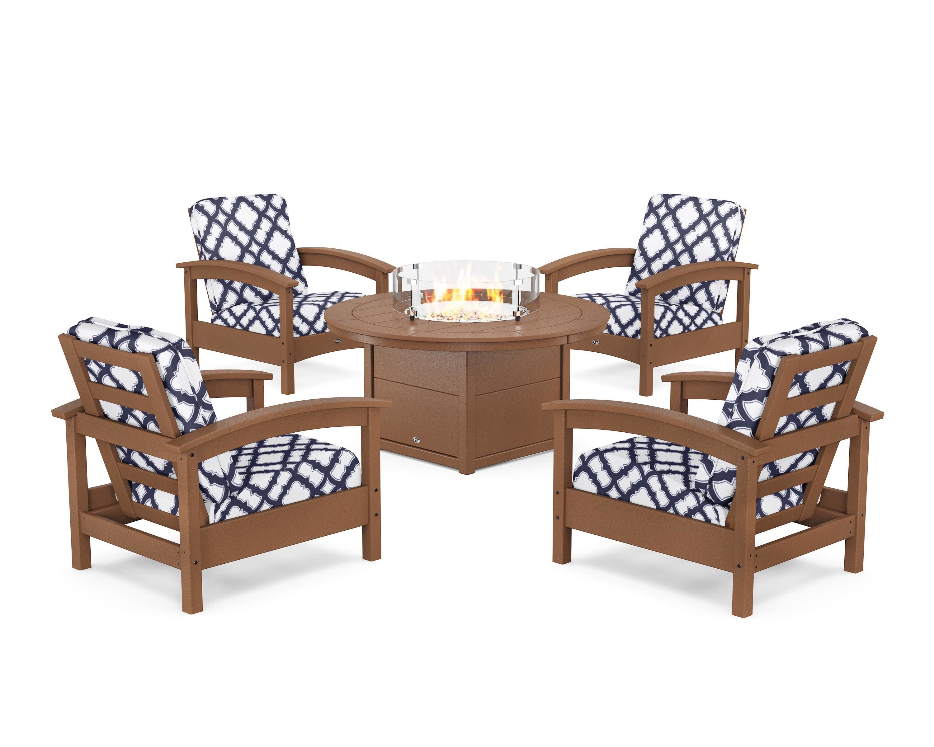 Rockport 5-Piece Deep Seating Set with Round Fire Pit Table in Tree House / Trellis Navy