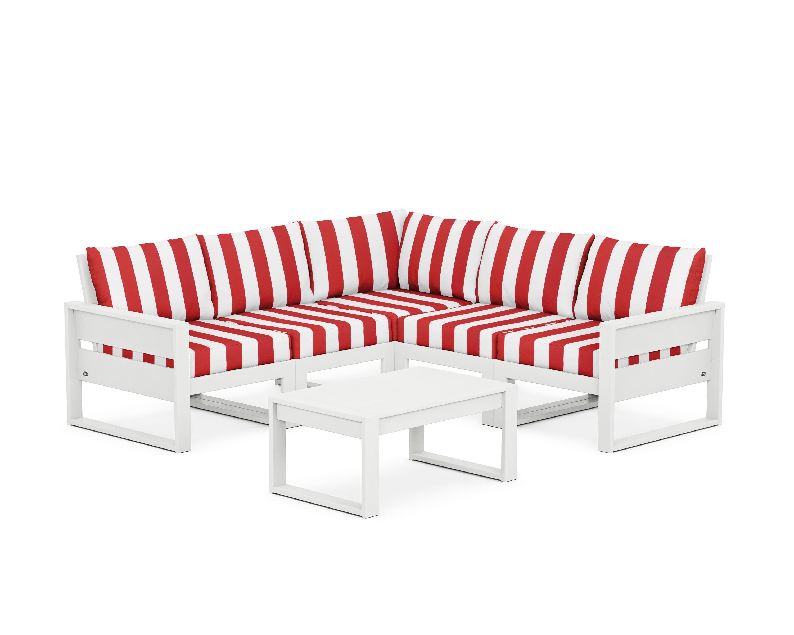 Eastport 6-Piece Deep Seating Sectional + Coffee Table Set in Classic White / Cabana Stripe Crimson