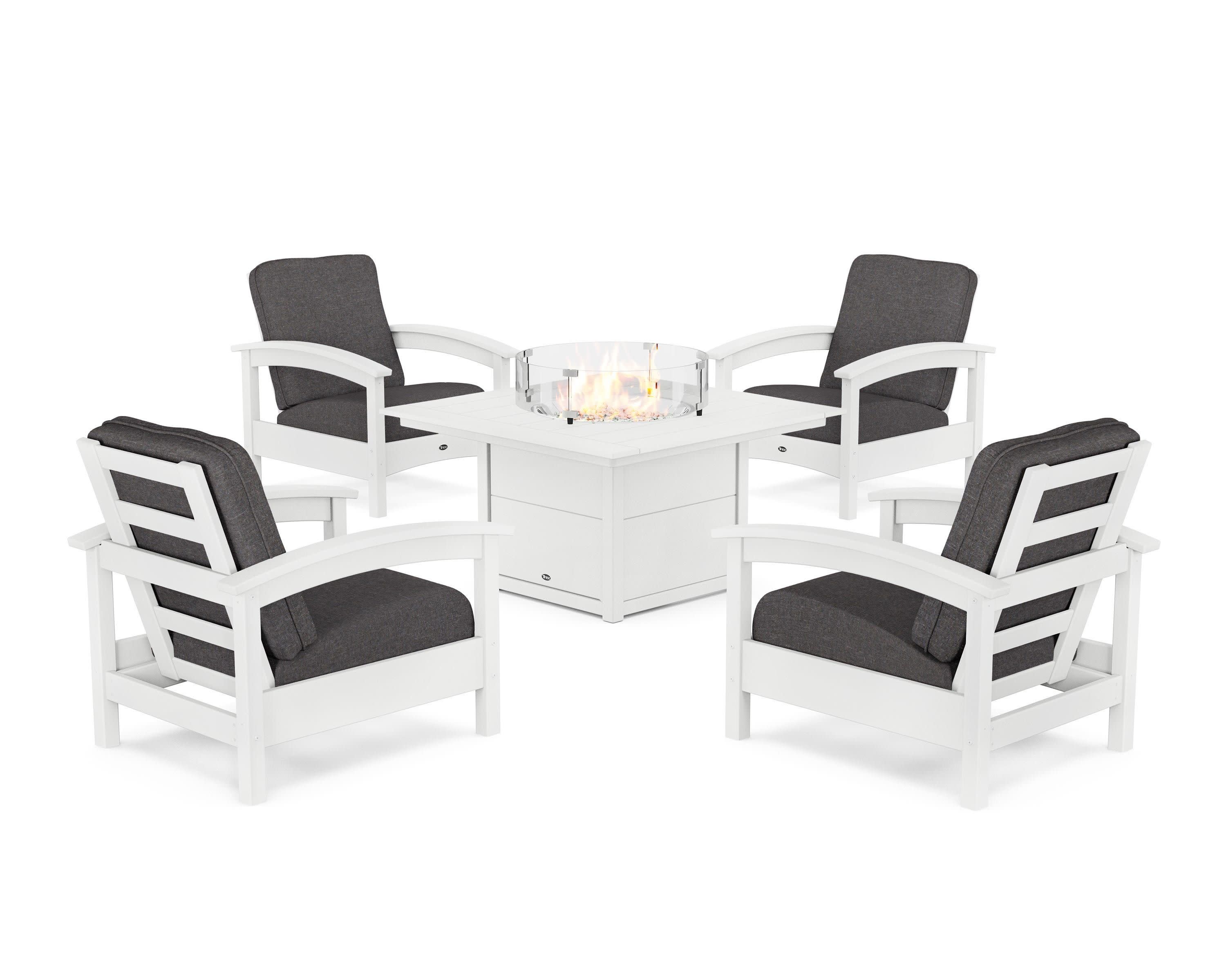 Rockport 5-Piece Deep Seating Set with Square Fire Pit Table in Classic White / Ash Charcoal