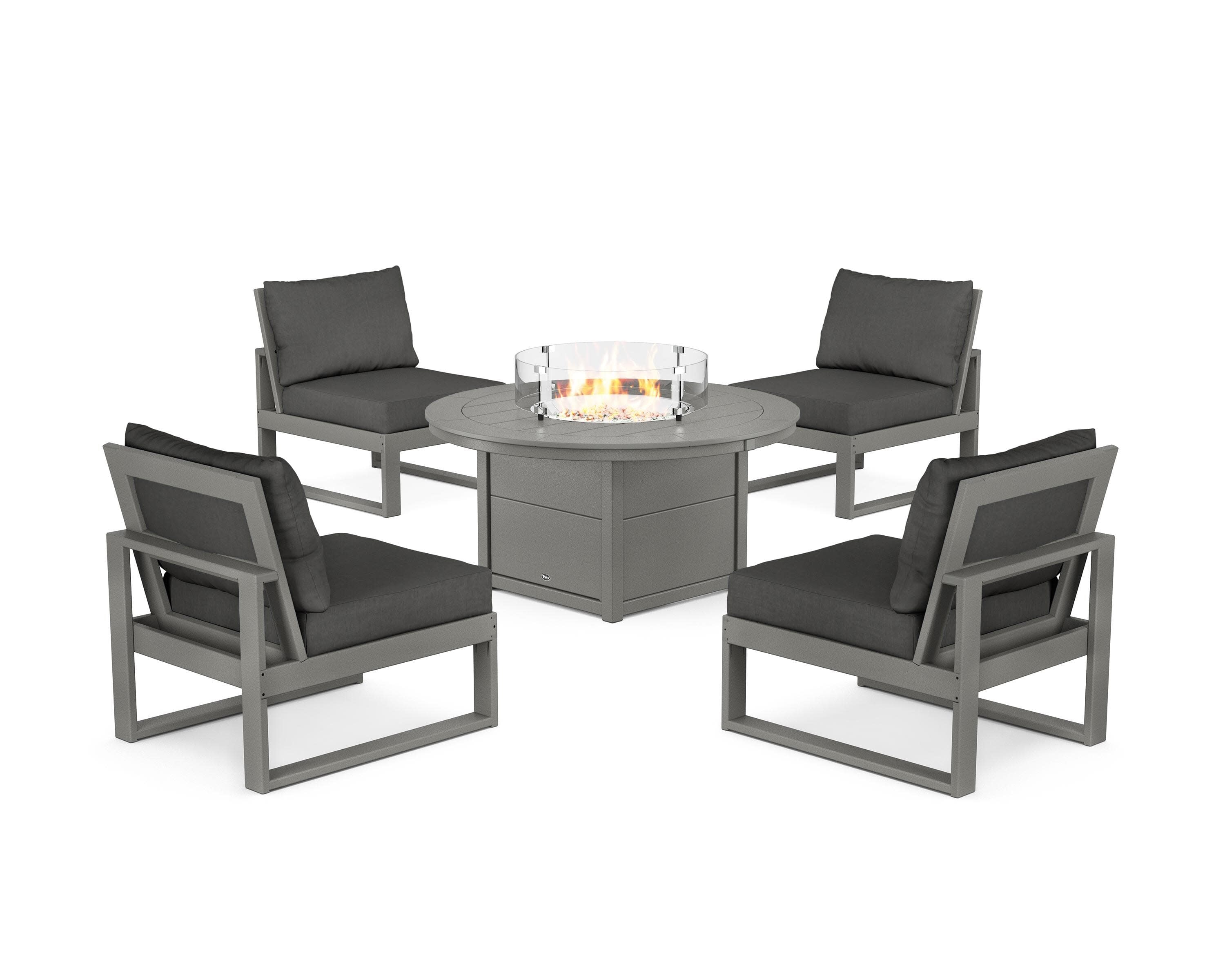 Eastport Modular 5-Piece Deep Seating Set with Round Fire Pit Table in Stepping Stone / Spectrum Carbon