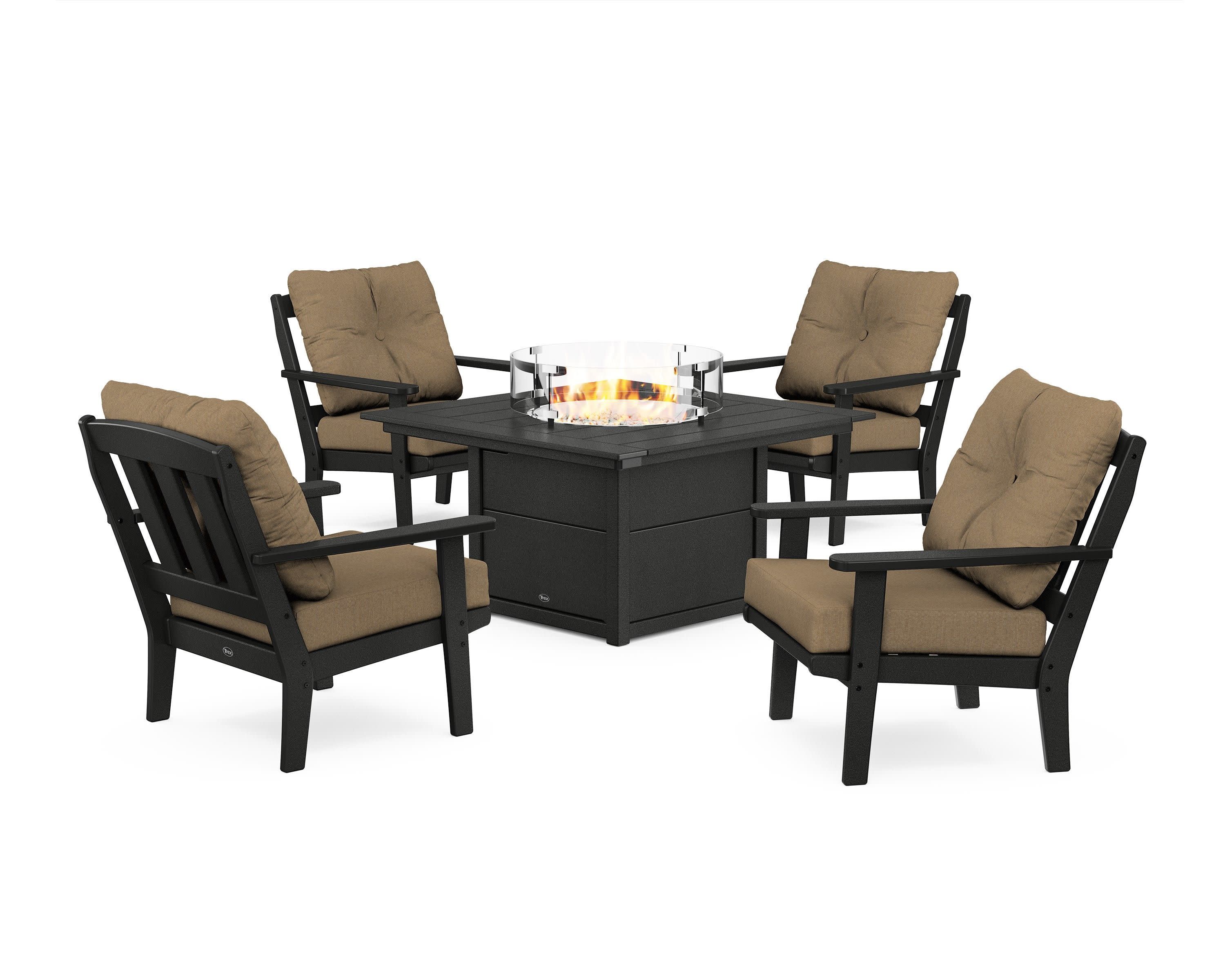 Cape Cod 5-Piece Deep Seating Set with Fire Pit Table in Charcoal Black / Sesame