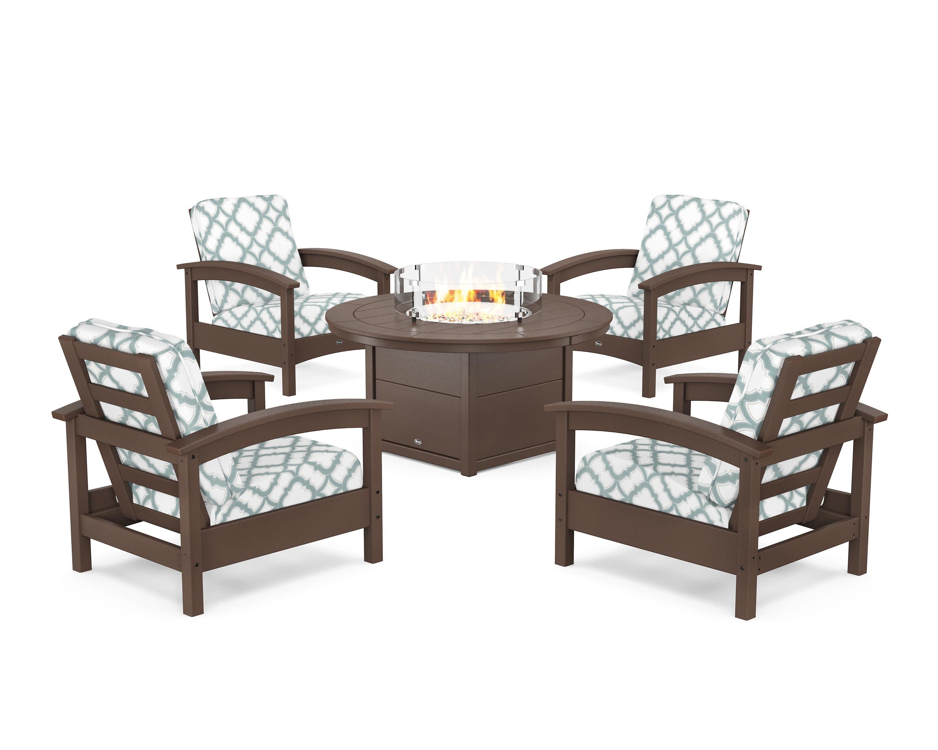 Rockport 5-Piece Deep Seating Set with Round Fire Pit Table in Vintage Lantern / Trellis Glacier Spa