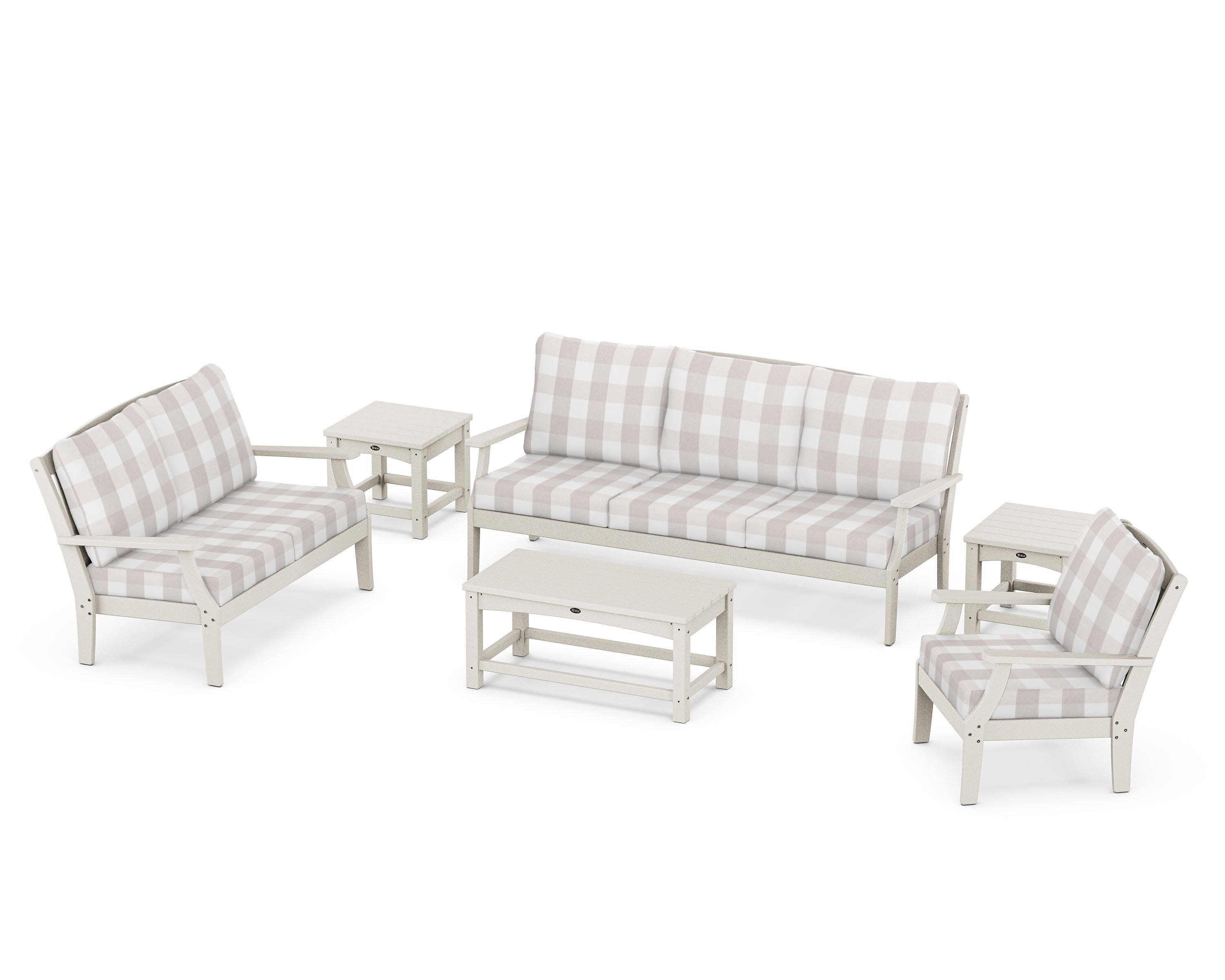 Yacht Club 6-Piece Deep Seating Set in Sand Castle / Buffalo Plaid Dune Burlap