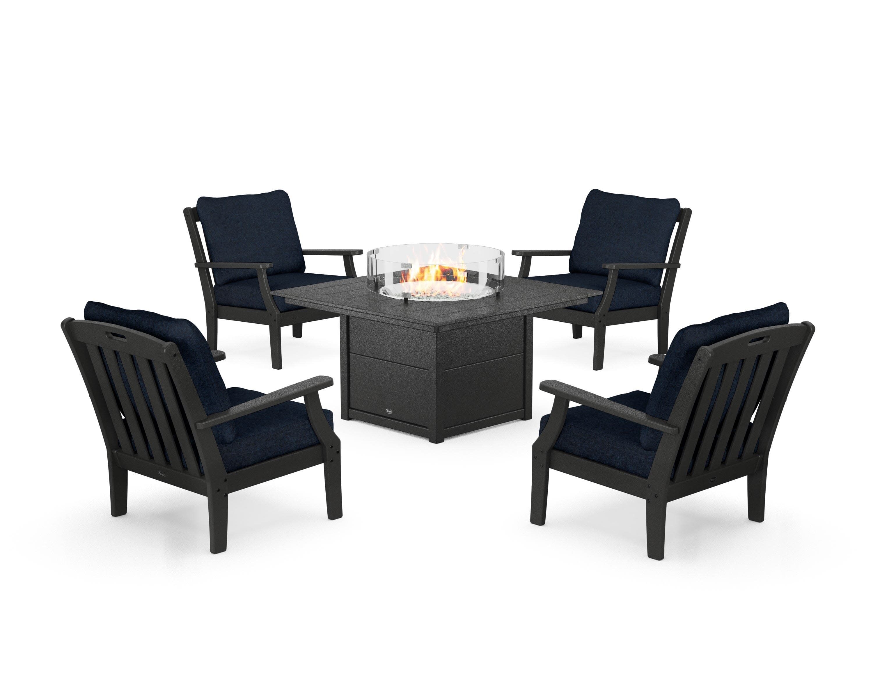 Yacht Club 5-Piece Deep Seating Set with Square Fire Pit Table in Charcoal Black / Marine Indigo