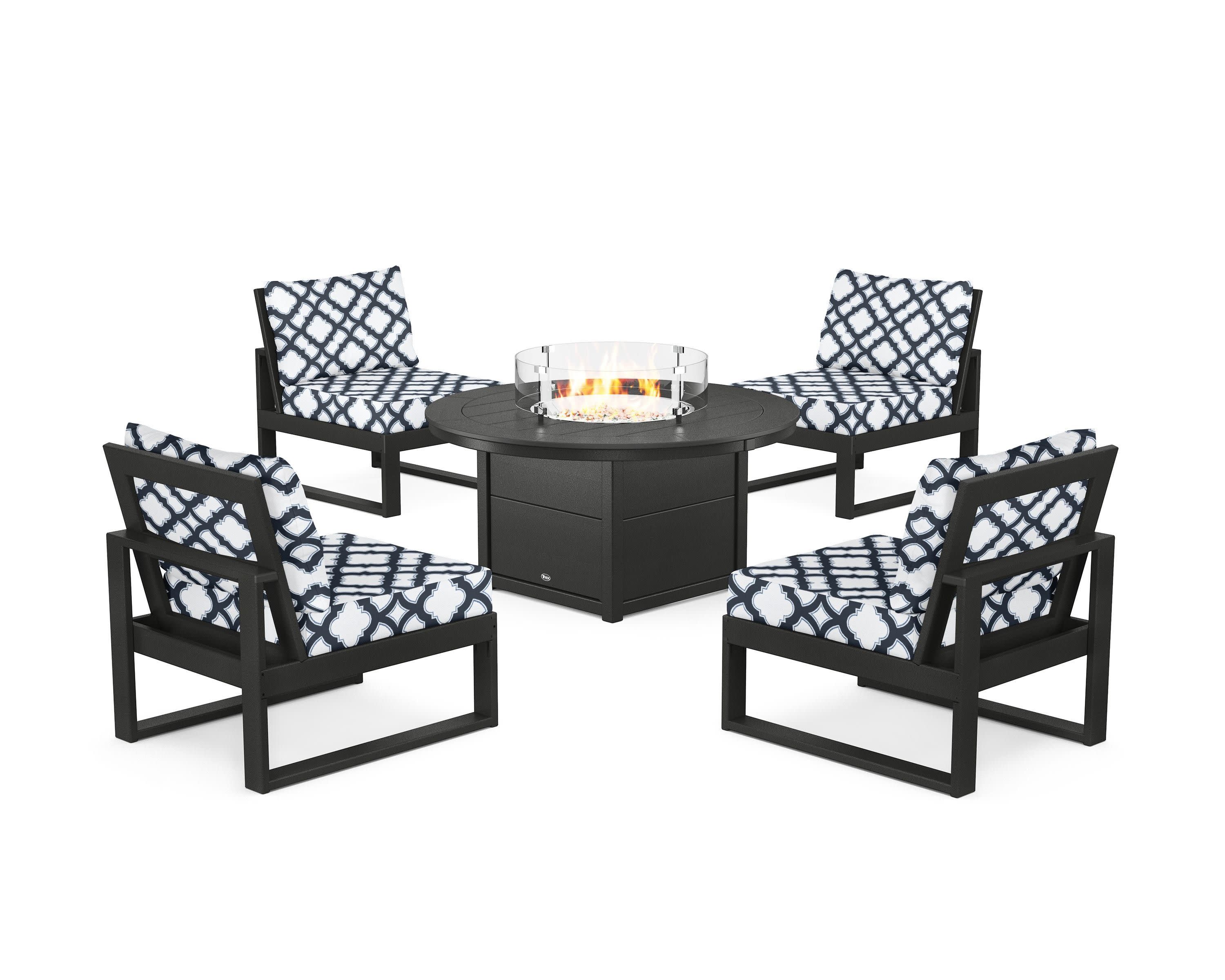 Eastport Modular 5-Piece Deep Seating Set with Round Fire Pit Table in Charcoal Black / Trellis Marine Indigo