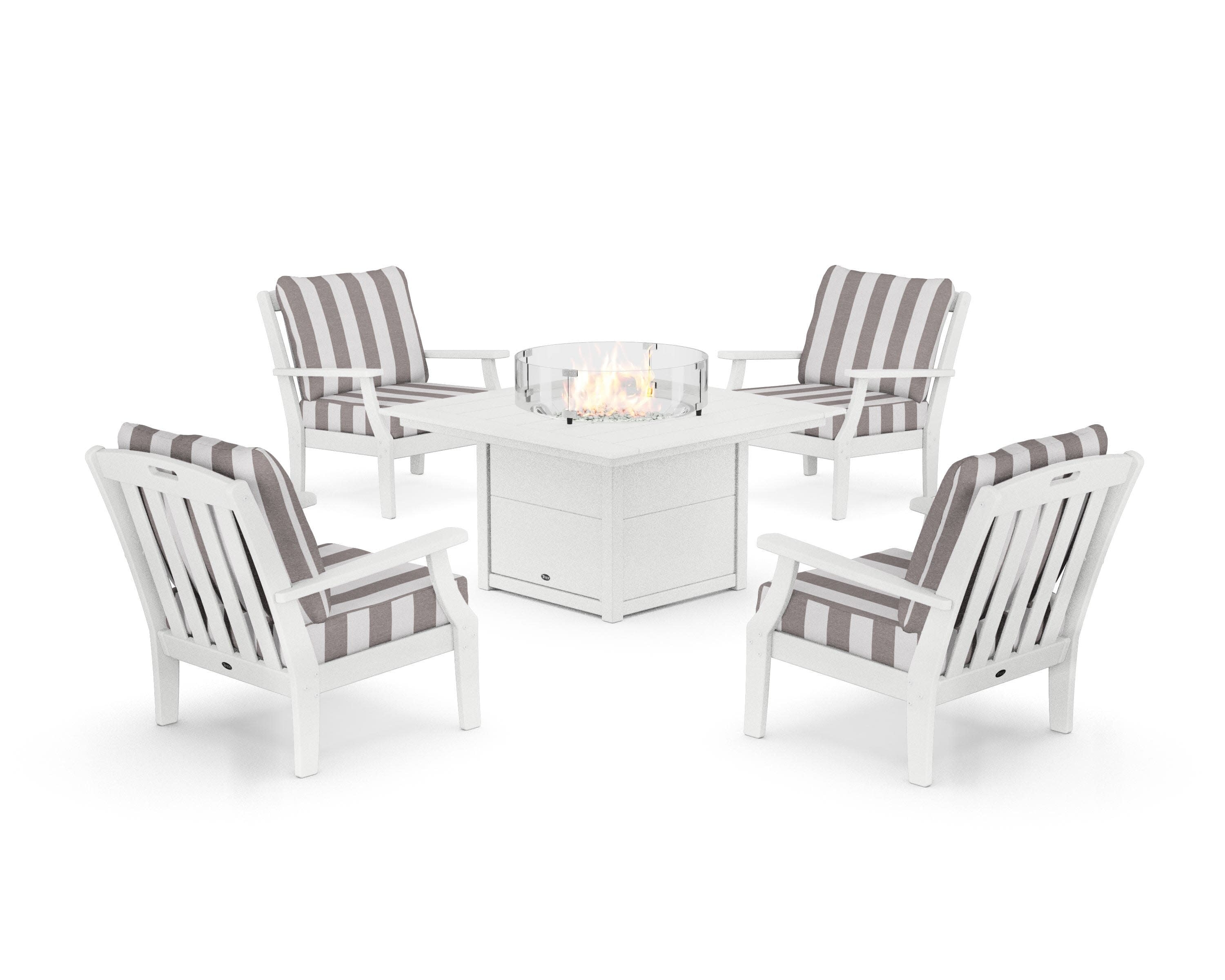 Yacht Club 5-Piece Deep Seating Set with Square Fire Pit Table in Classic White / Cabana Stripe Grey Mist