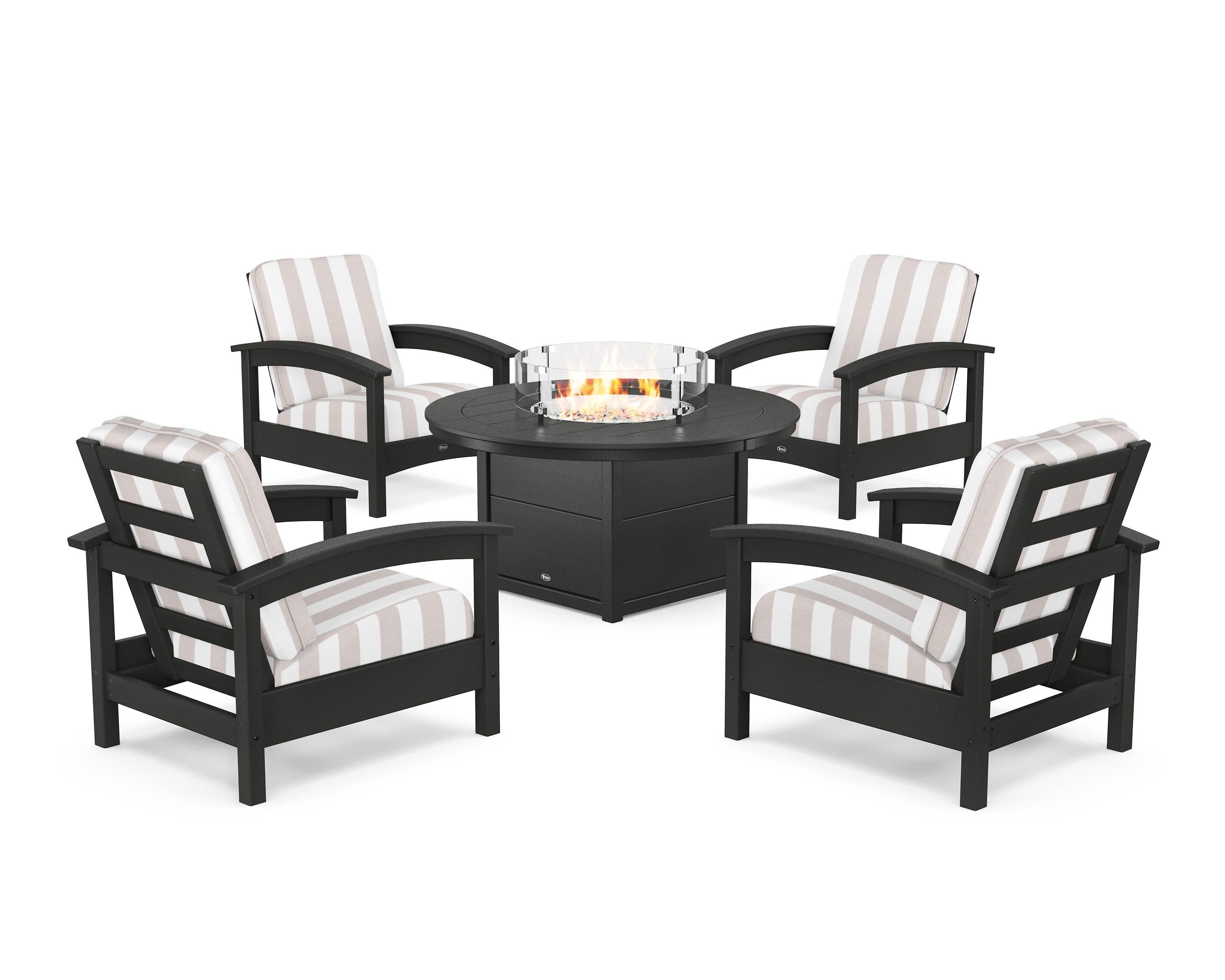Rockport 5-Piece Deep Seating Set with Round Fire Pit Table in Charcoal Black / Cabana Stripe Dune Burlap