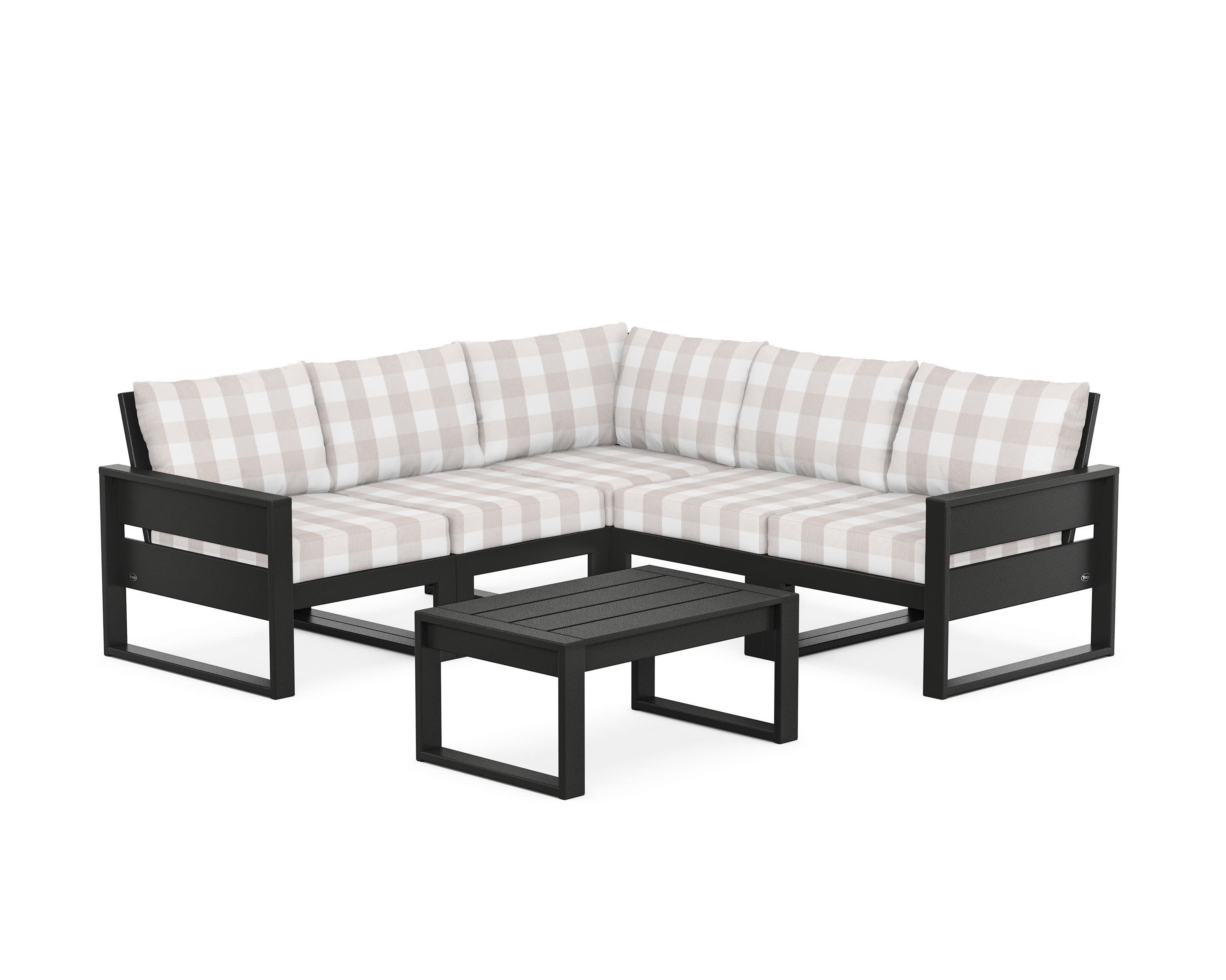 Eastport 6-Piece Deep Seating Sectional + Coffee Table Set in Charcoal Black / Buffalo Plaid Dune Burlap