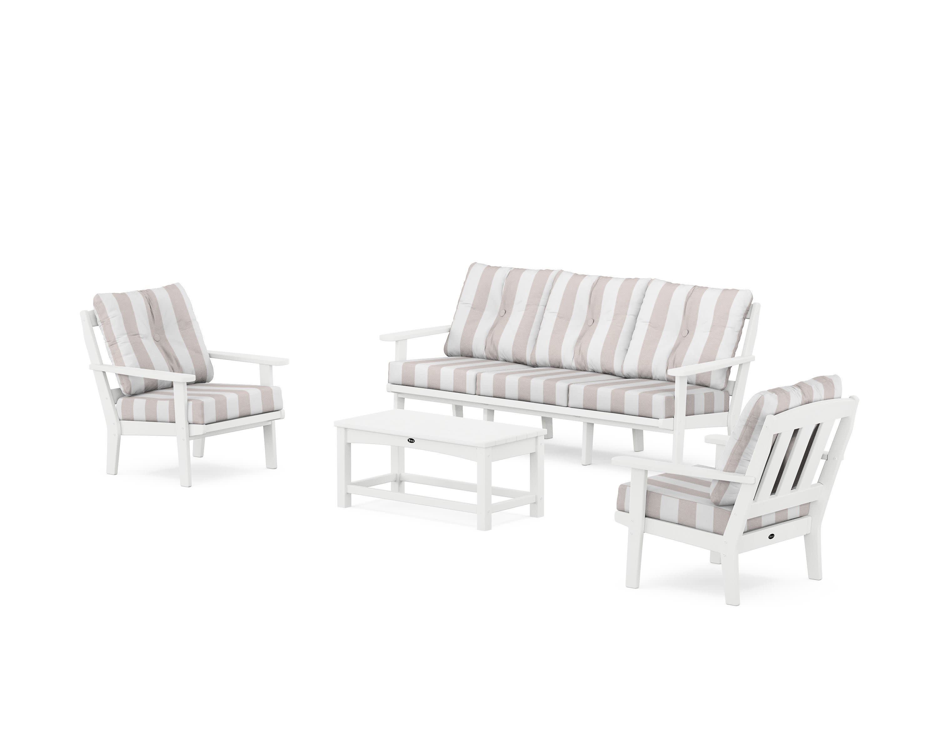 Cape Cod 4-Piece Deep Seating Set with Sofa in Classic White / Cabana Stripe Dune Burlap