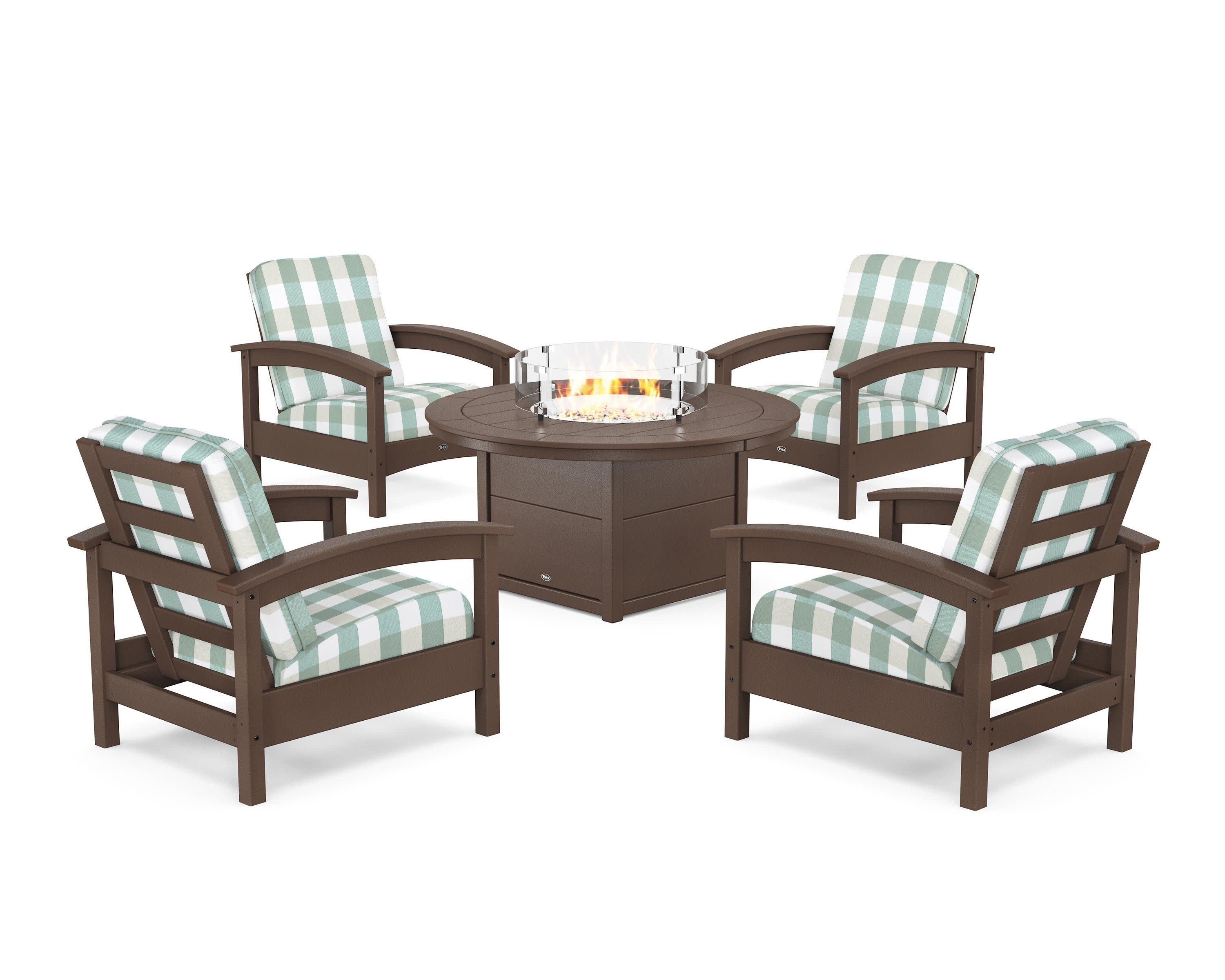 Rockport 5-Piece Deep Seating Set with Round Fire Pit Table in Vintage Lantern / Buffalo Plaid Glacier Spa