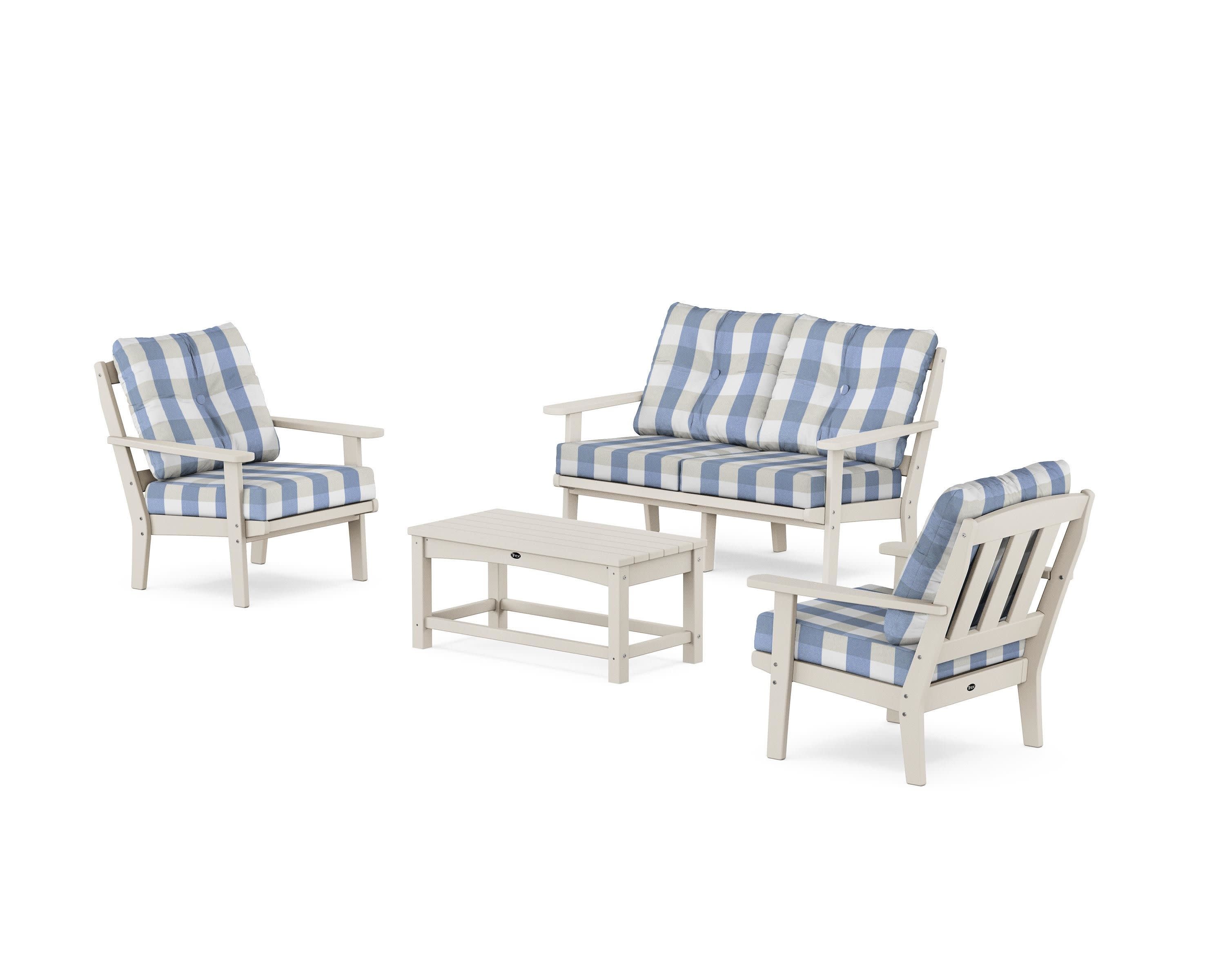 Cape Cod 4-Piece Deep Seating Set with Loveseat in Sand Castle / Buffalo Plaid Sky Blue