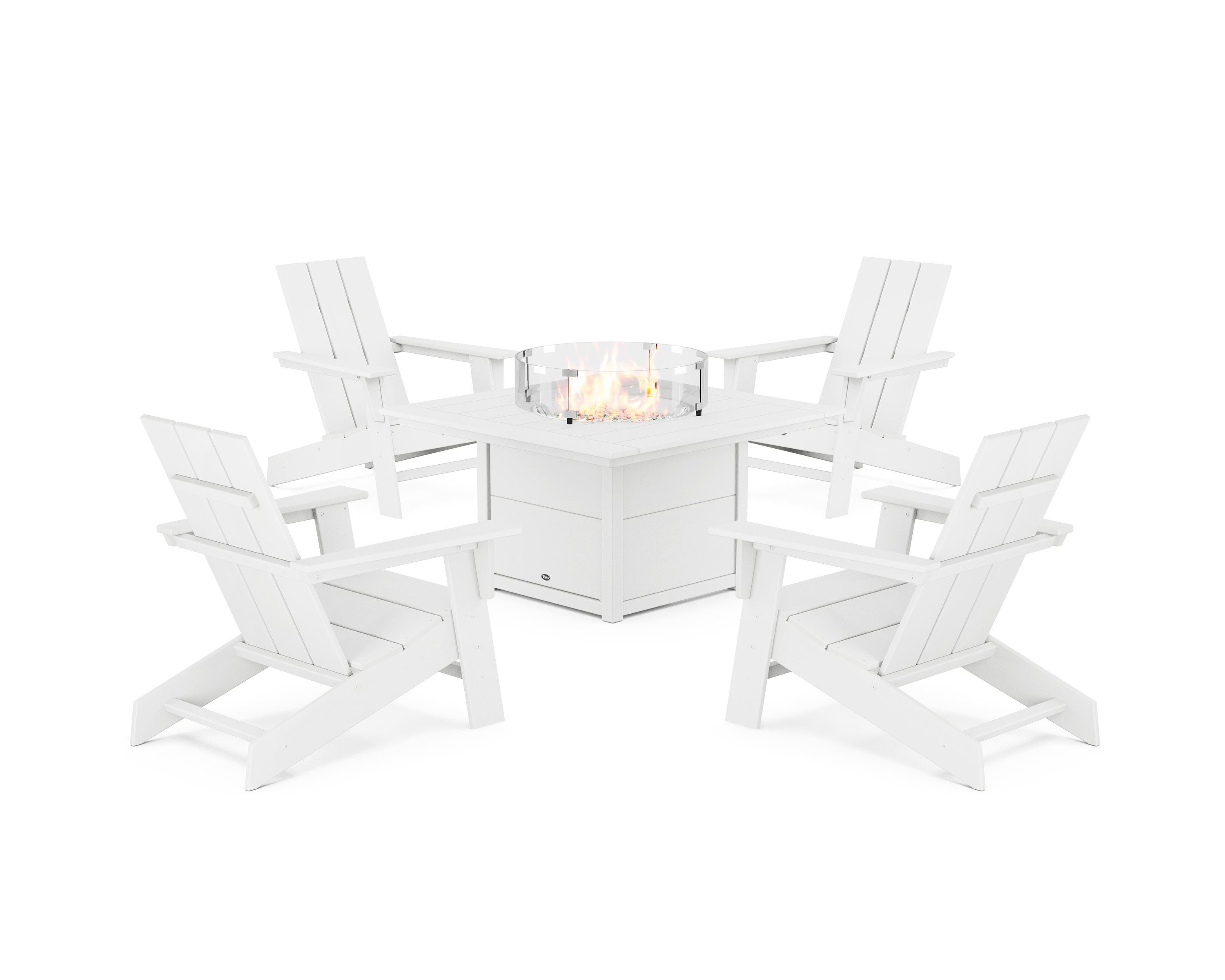 Eastport Modern Adirondack 5-Piece Set with Square Fire Pit Table in Classic White