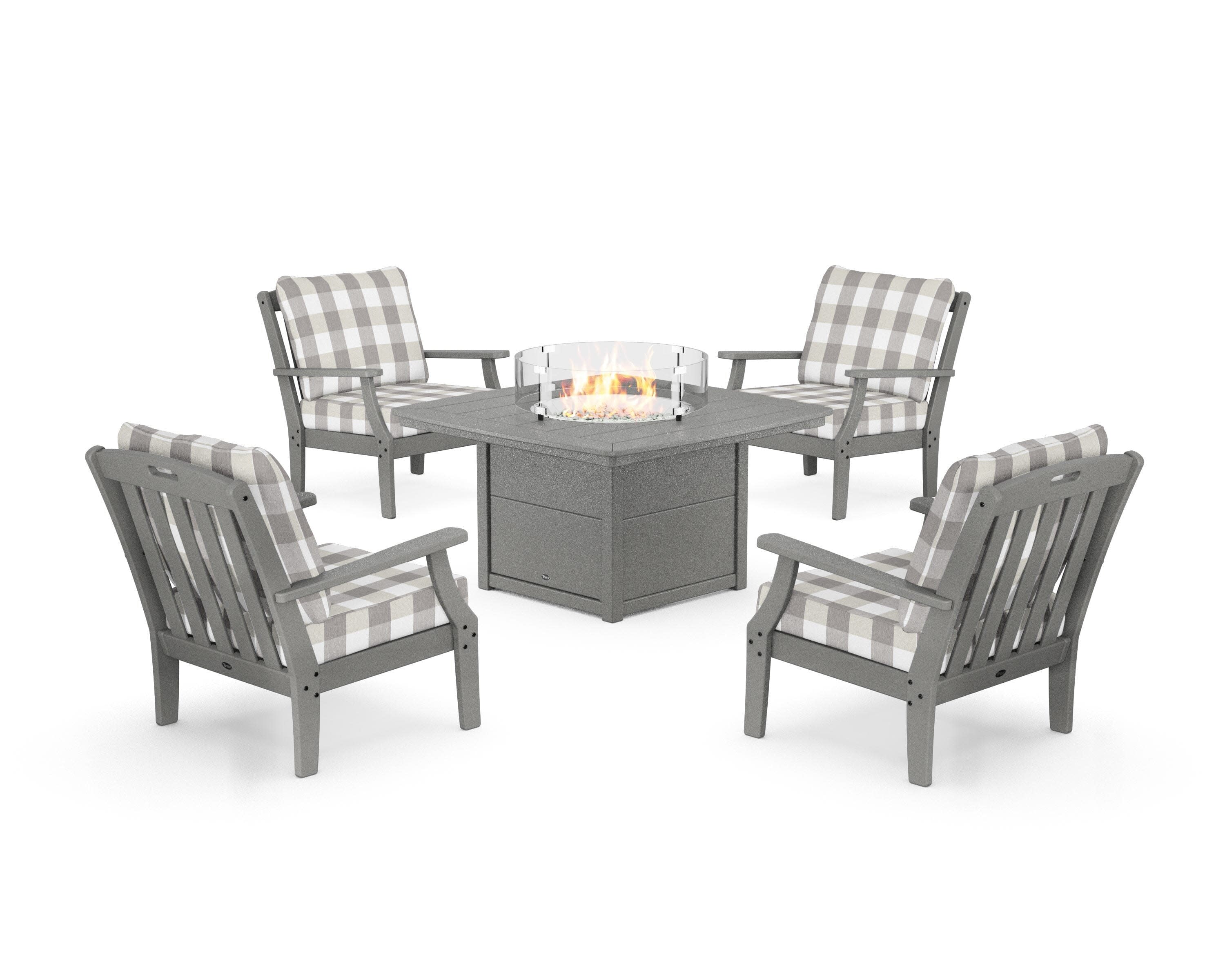 Yacht Club 5-Piece Deep Seating Set with Fire Pit Table in Stepping Stone / Buffalo Plaid Grey Mist