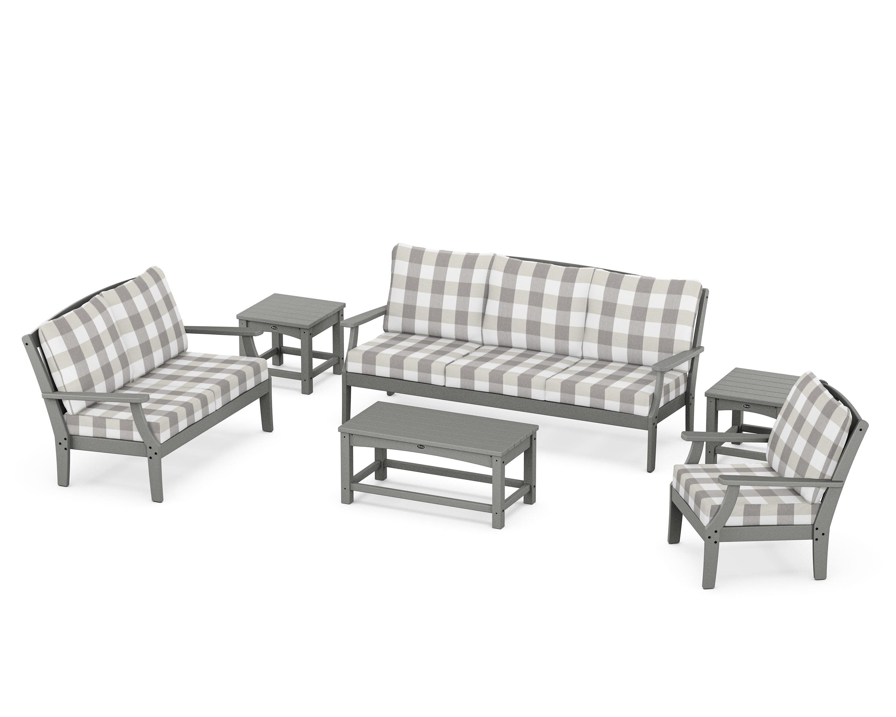 Yacht Club 6-Piece Deep Seating Set in Stepping Stone / Buffalo Plaid Grey Mist