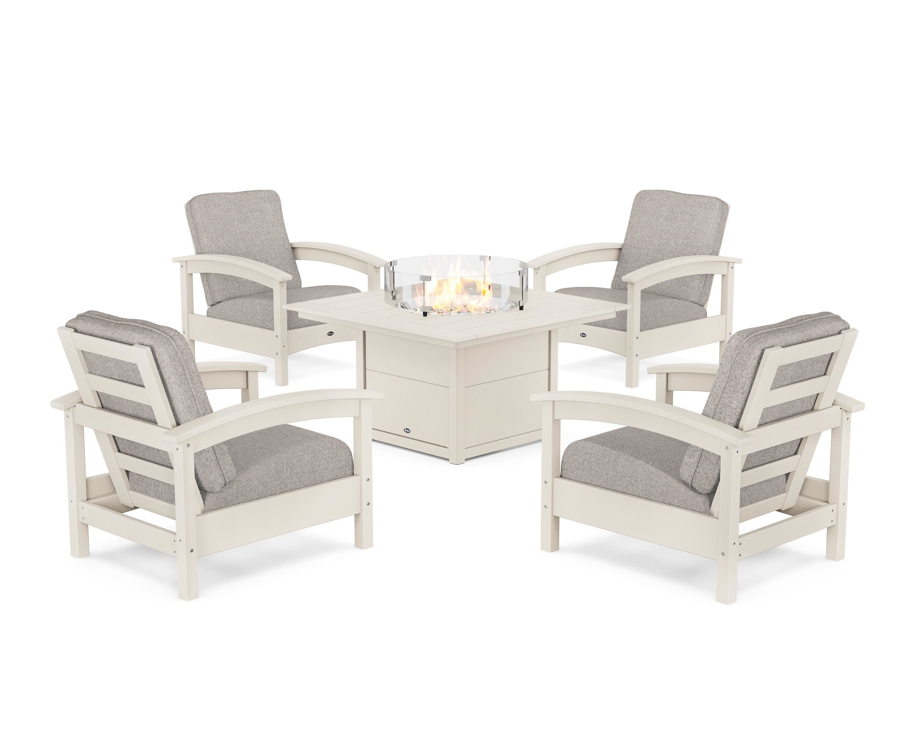 Rockport 5-Piece Deep Seating Set with Square Fire Pit Table in Sand Castle / Weathered Tweed
