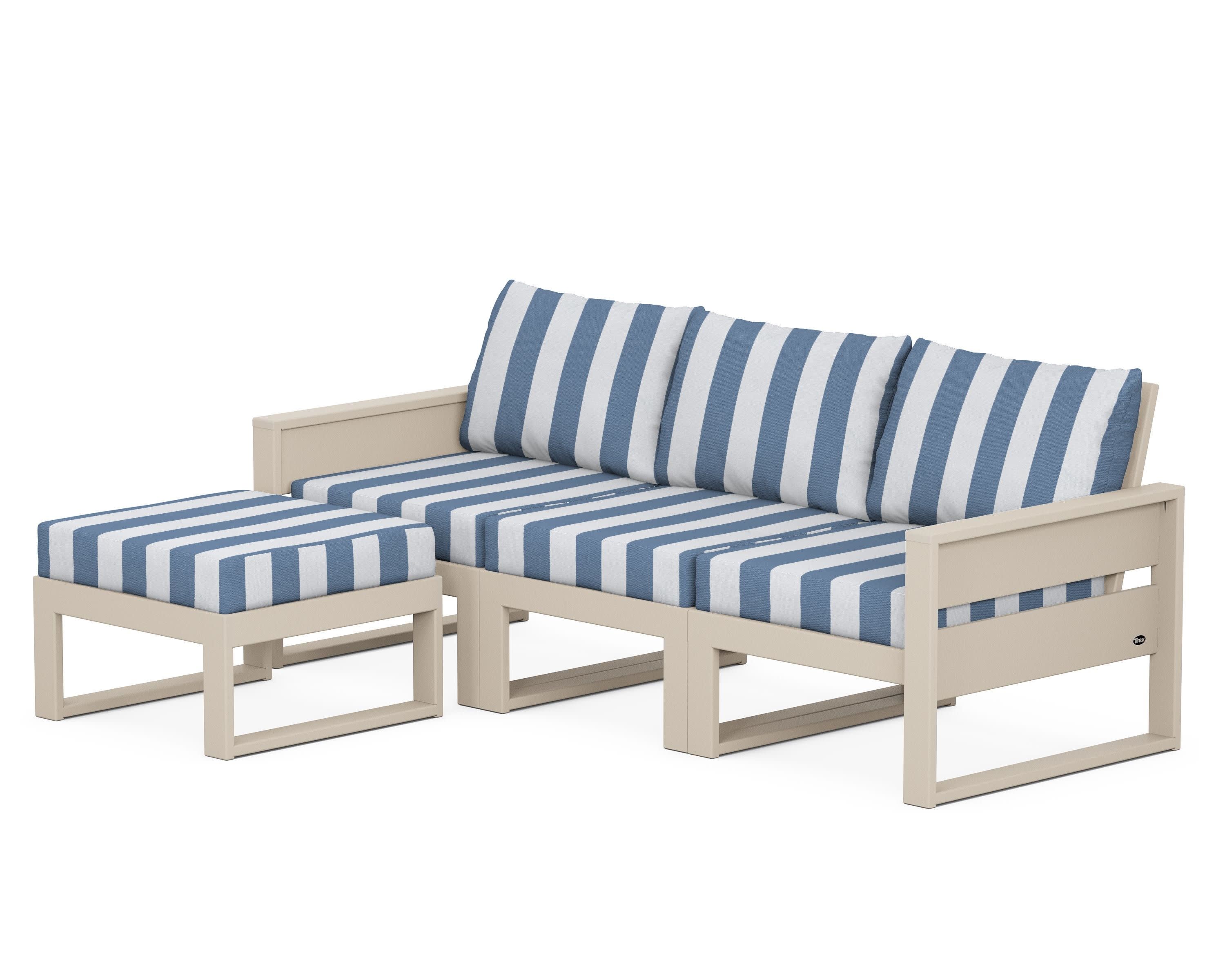 Eastport 4- Piece Sectional with Ottoman in Sand Castle / Cabana Stripe Sky Blue