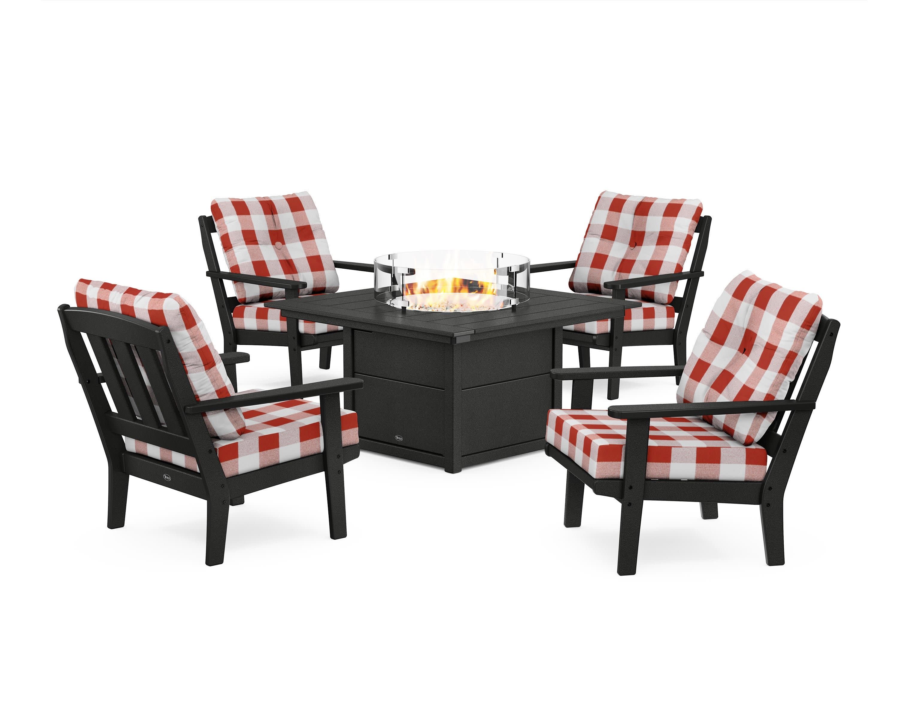 Cape Cod 5-Piece Deep Seating Set with Fire Pit Table in Charcoal Black / Buffalo Plaid Crimson