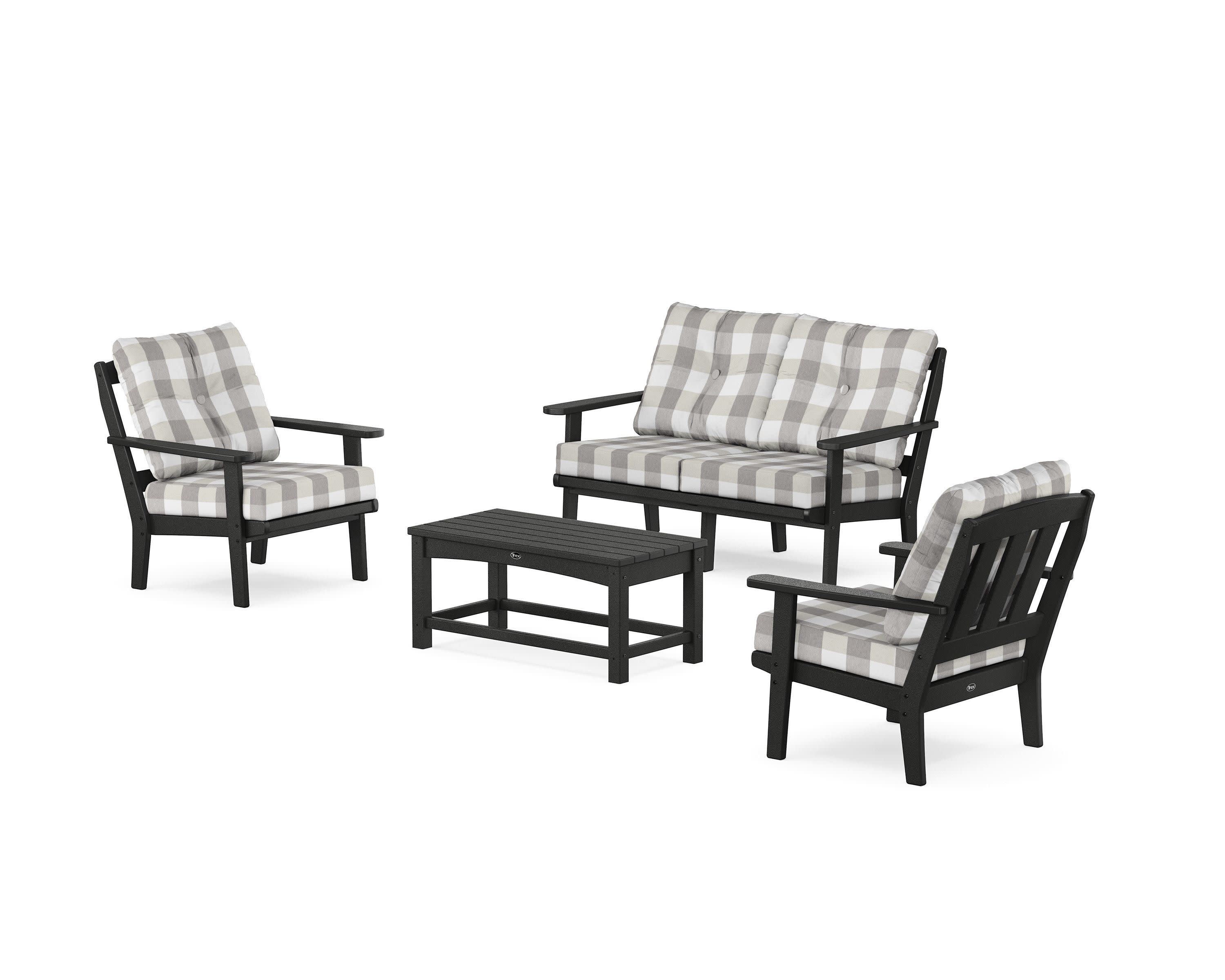 Cape Cod 4-Piece Deep Seating Set with Loveseat in Charcoal Black / Buffalo Plaid Grey Mist