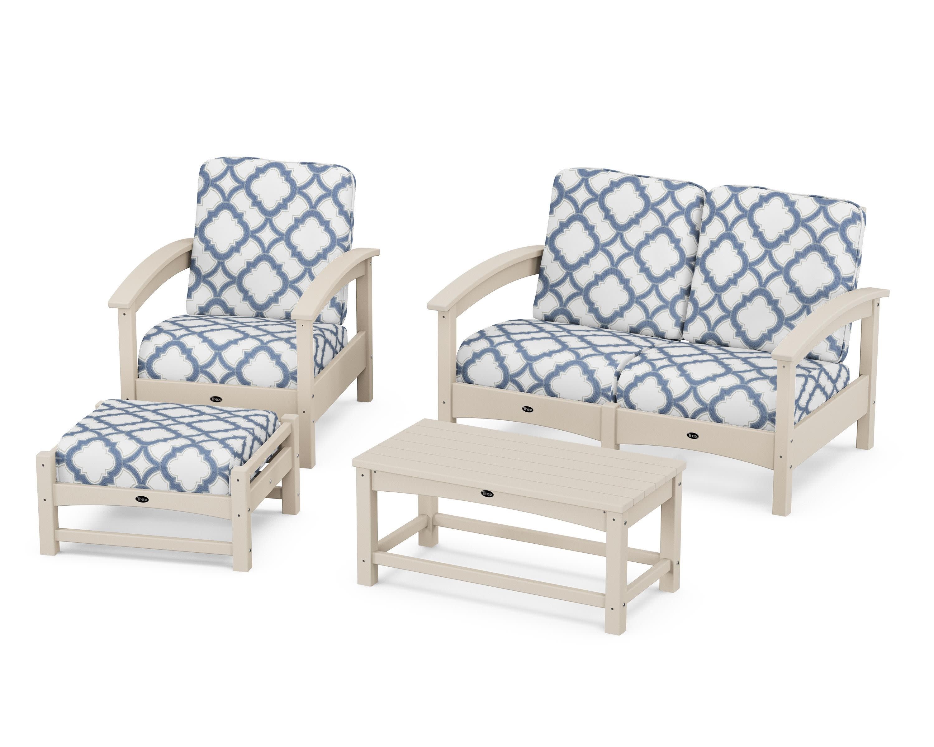 Rockport 4-Piece Deep Seating Conversation Group in Sand Castle / Trellis Sky Blue